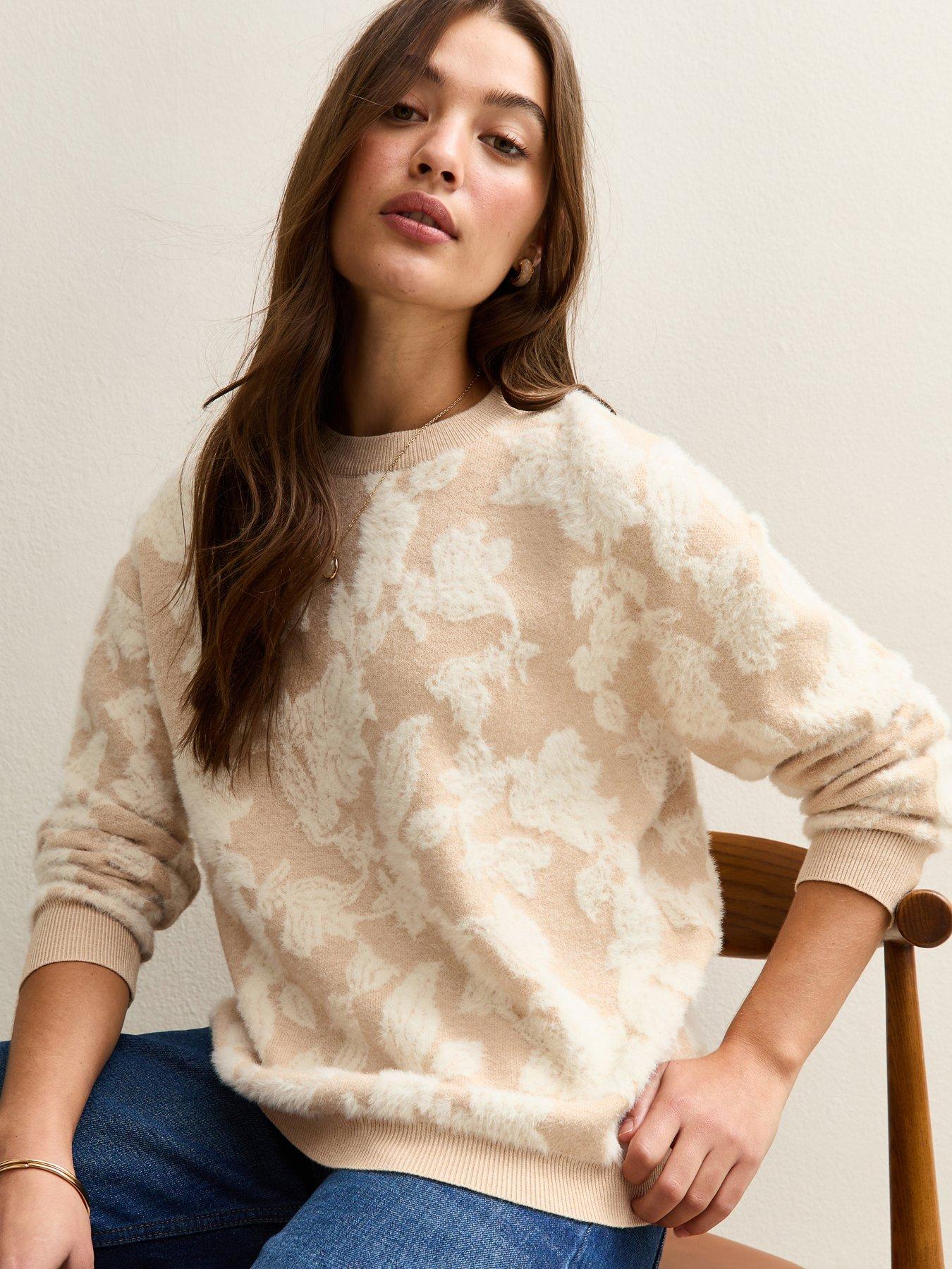 Image 1 of 5 of New Look Light Brown Brushed Floral Crew Neck Jumper