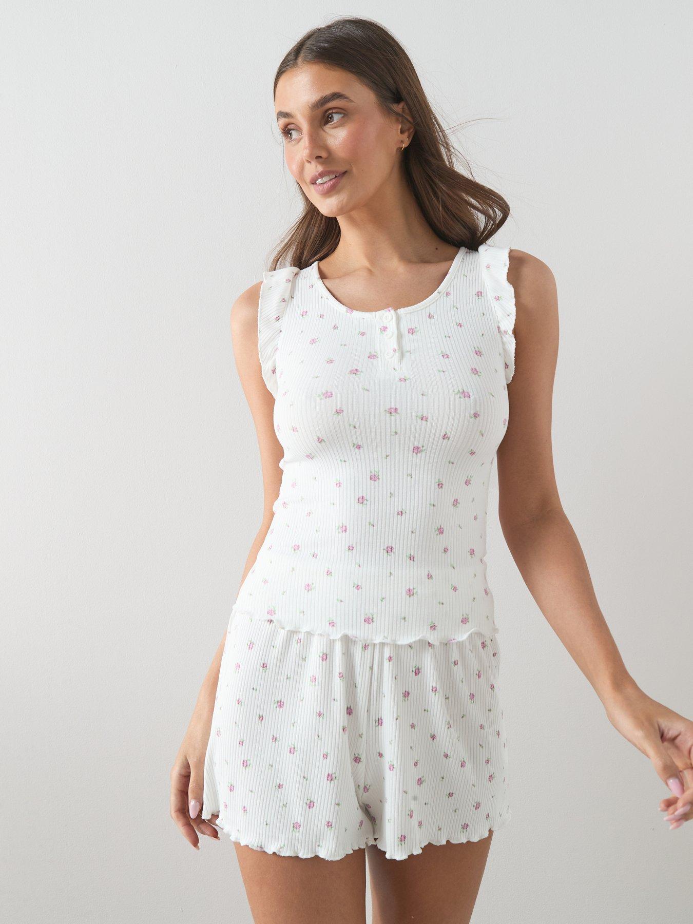 The Very Collection Floral Frill Vest And Short Pyjama Set - White