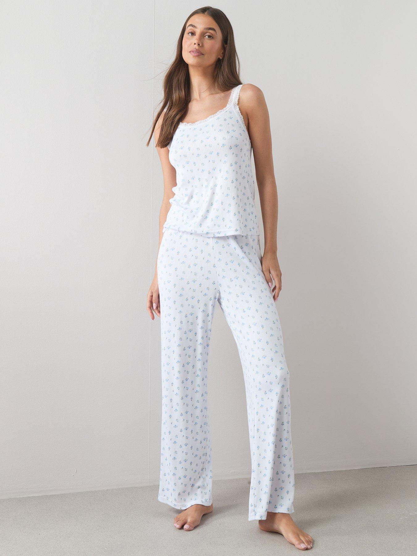 The Very Collection Floral Pointelle Cami And Wide Leg Bottom Pyjama Set - White
