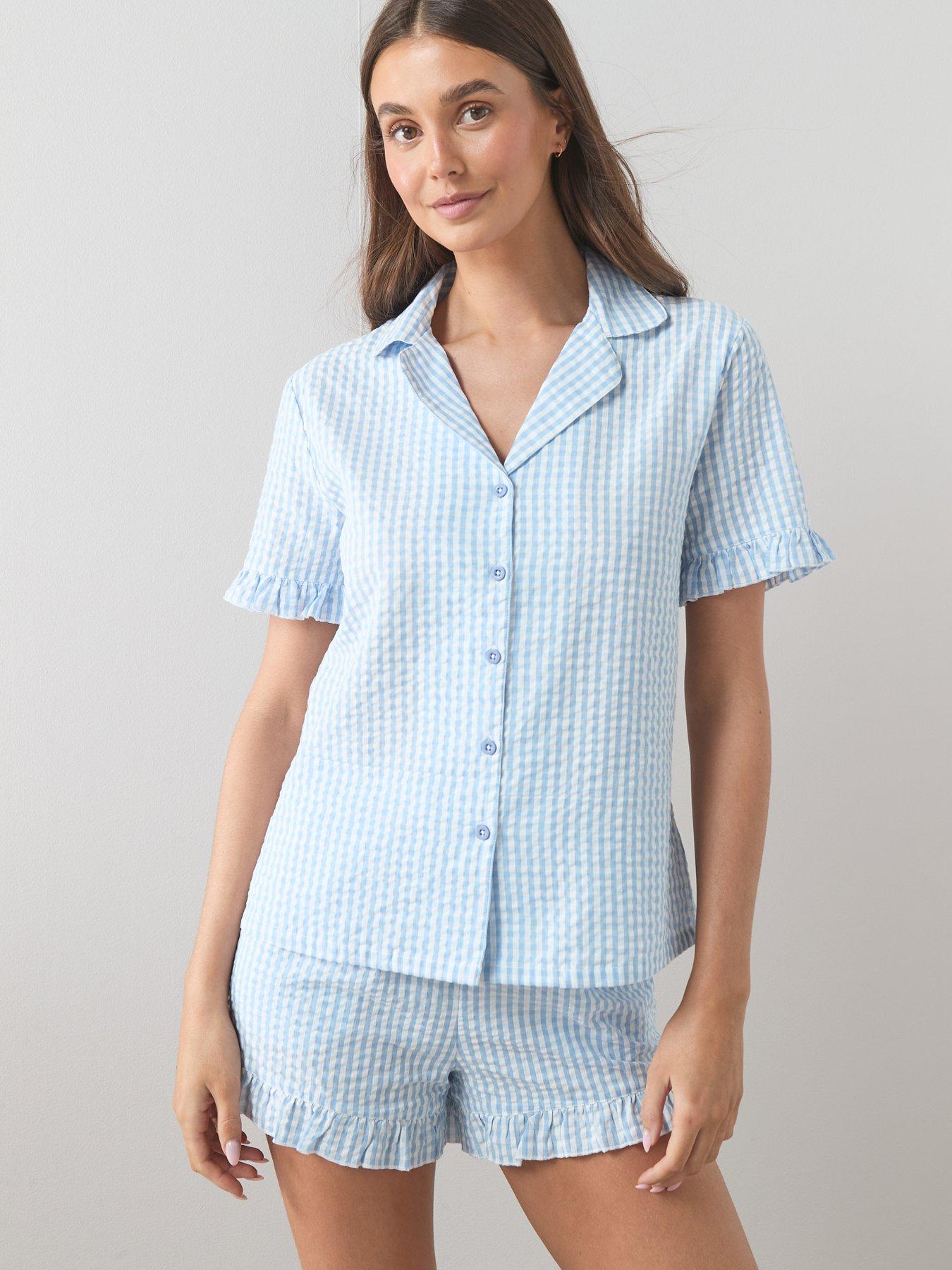 The Very Collection Woven Stripe Revere Short Pyjama Set - Blue