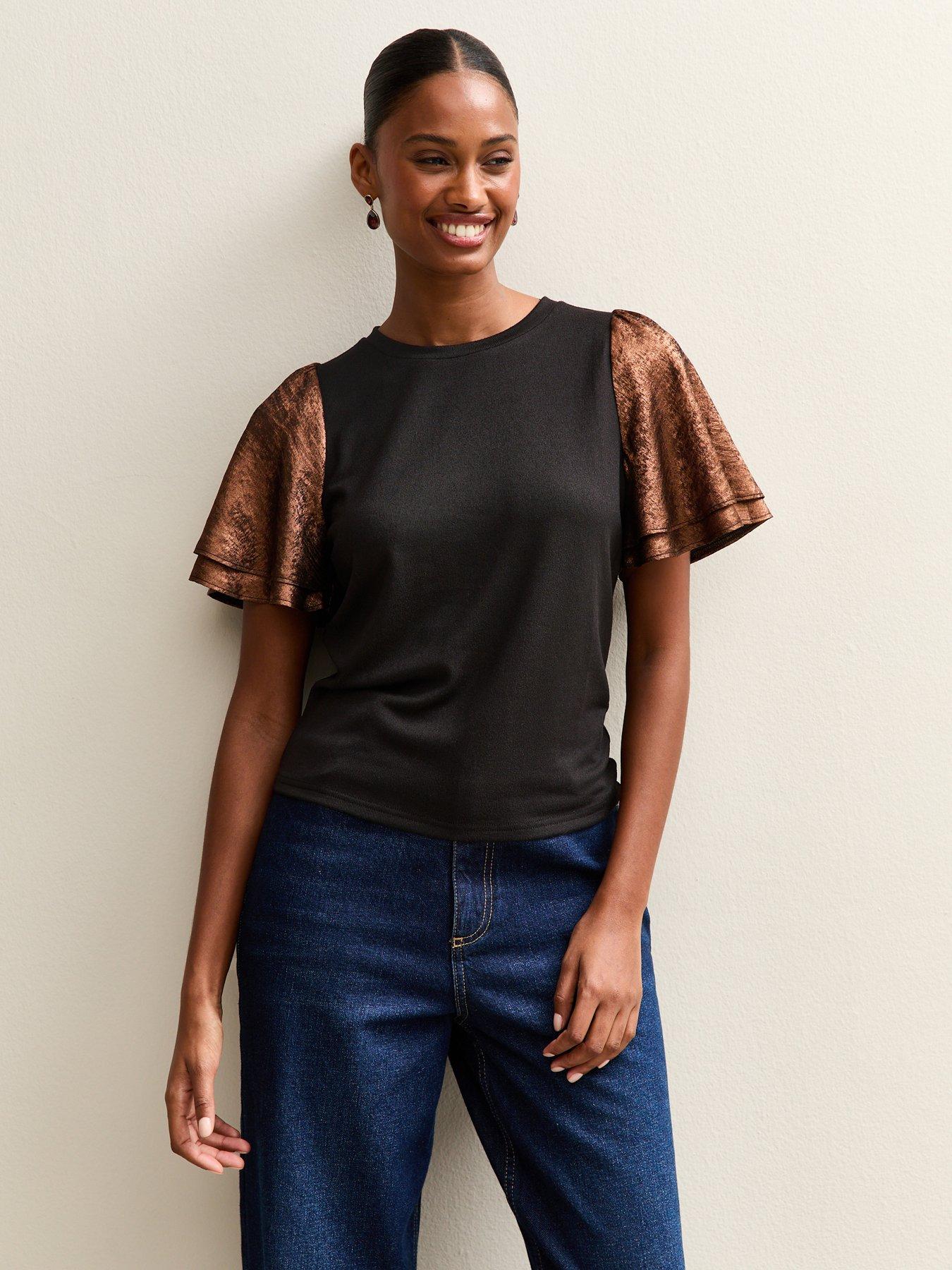 New Look Soft Touch Metallic Flutter Sleeve Top - Brown