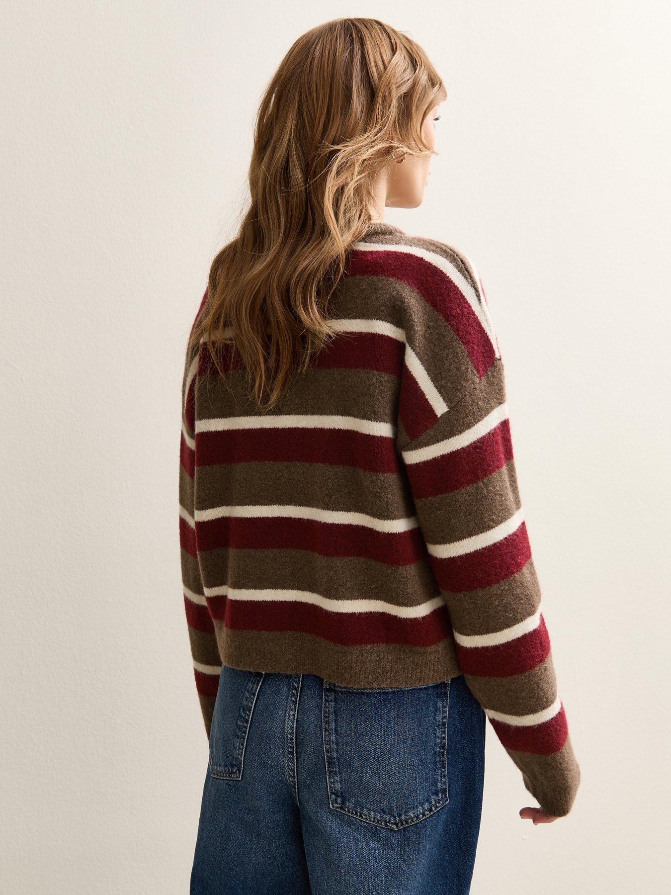 Image 2 of 6 of New Look Brown Striped Crew Neck Cardigan