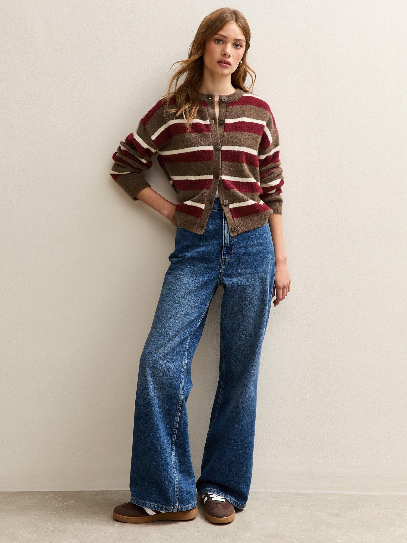 Image 3 of 6 of New Look Brown Striped Crew Neck Cardigan