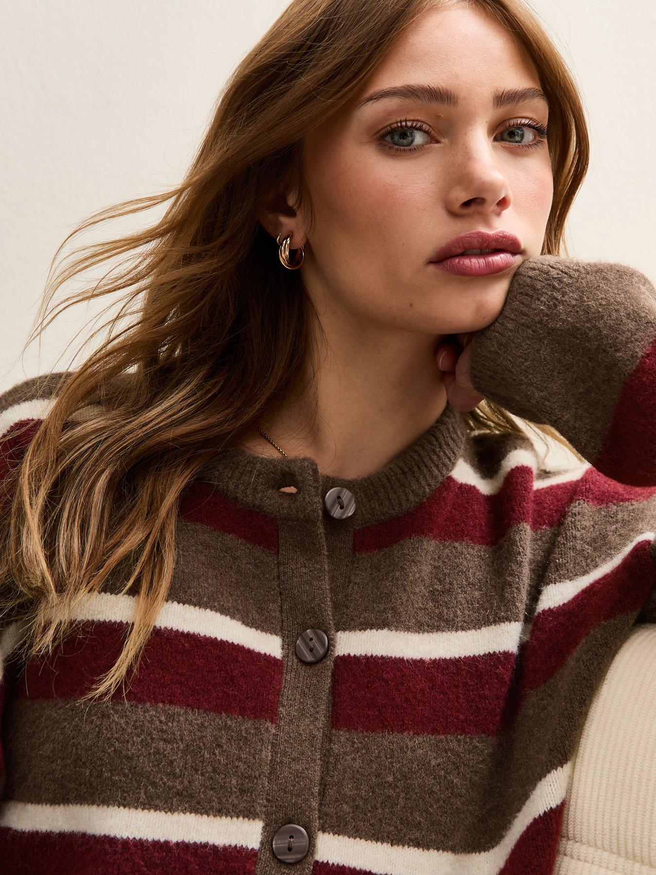 Image 4 of 6 of New Look Brown Striped Crew Neck Cardigan