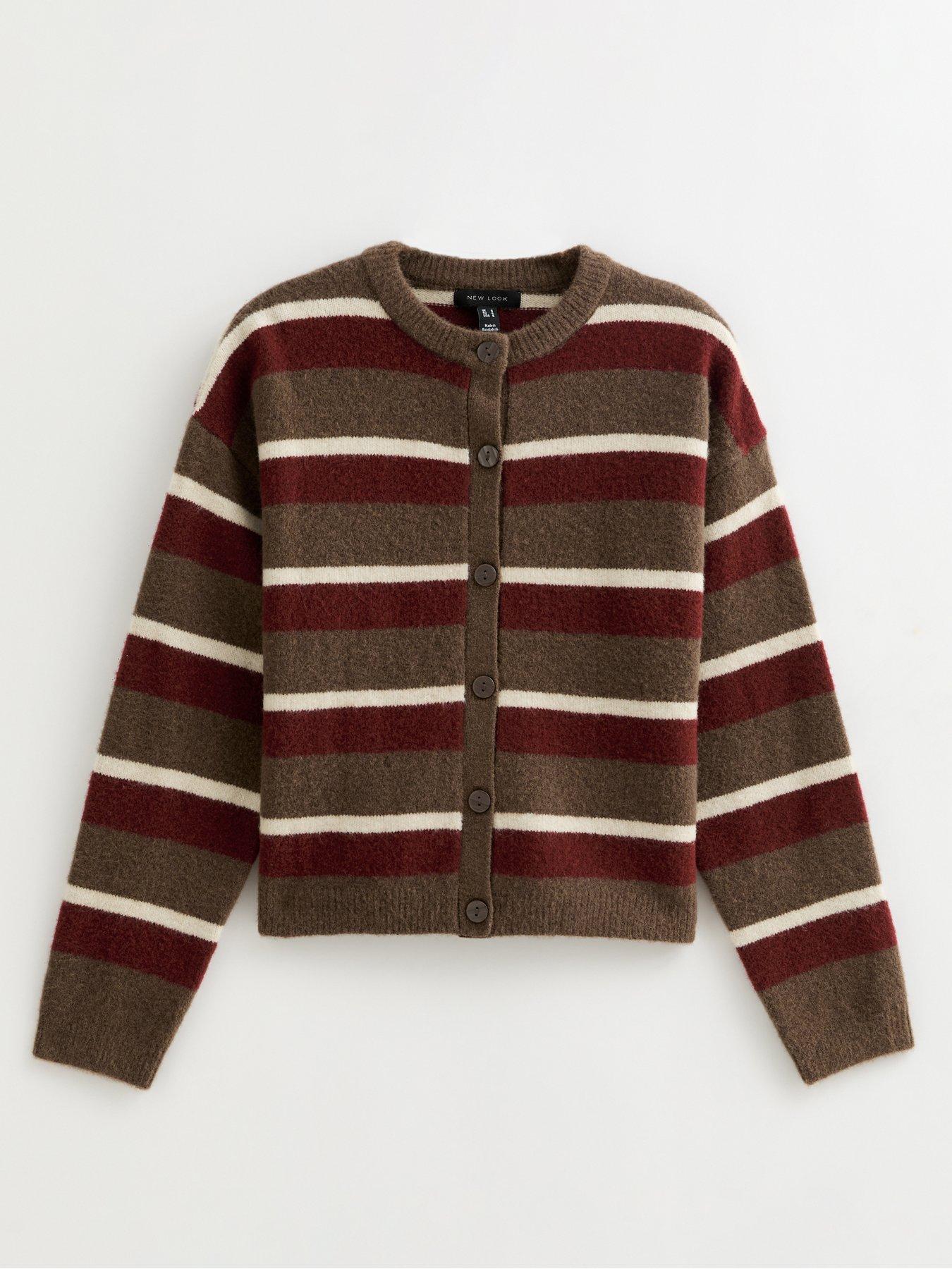 Image 5 of 6 of New Look Brown Striped Crew Neck Cardigan