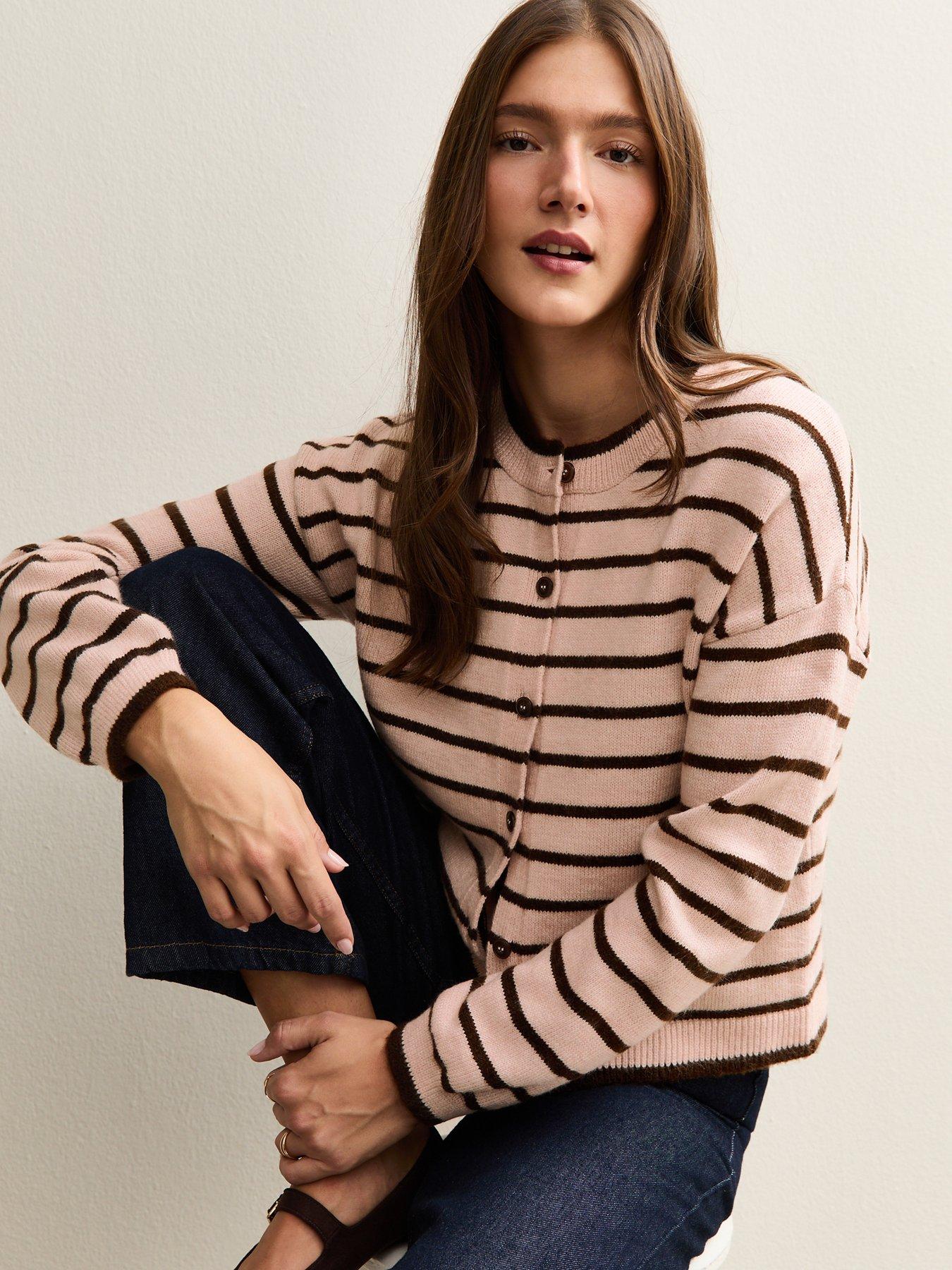 New Look Striped Crew Neck Cardigan - Pink