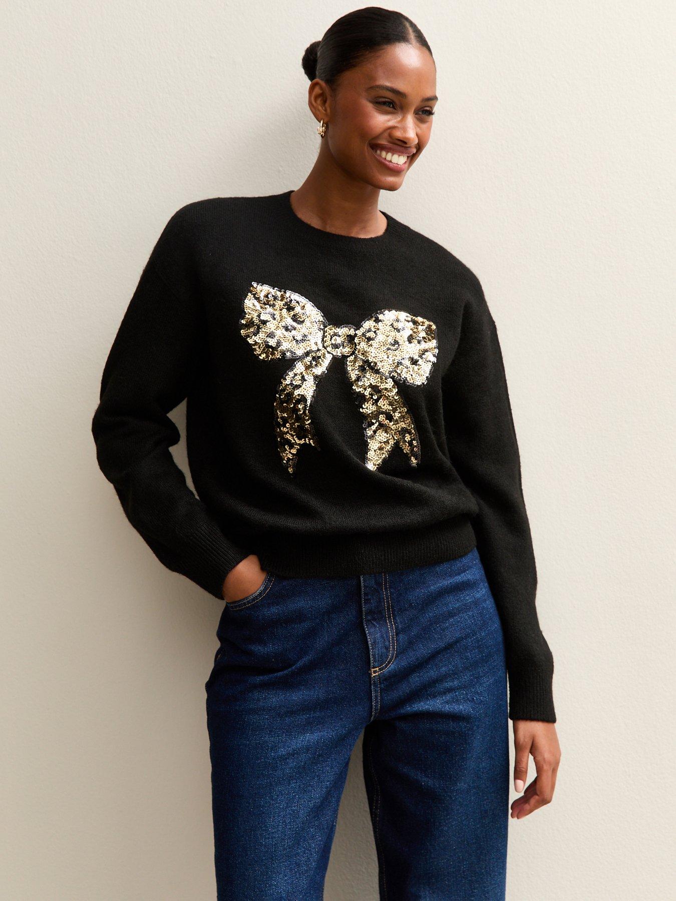 Image 1 of 5 of New Look Black Sequin Bow Crew Neck Jumper