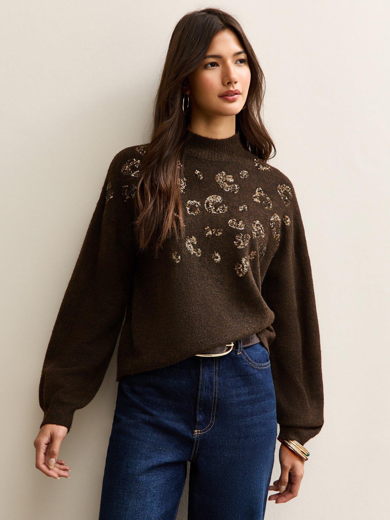 New Look Sequin Animal Motif Mock Neck Jumper - Brown