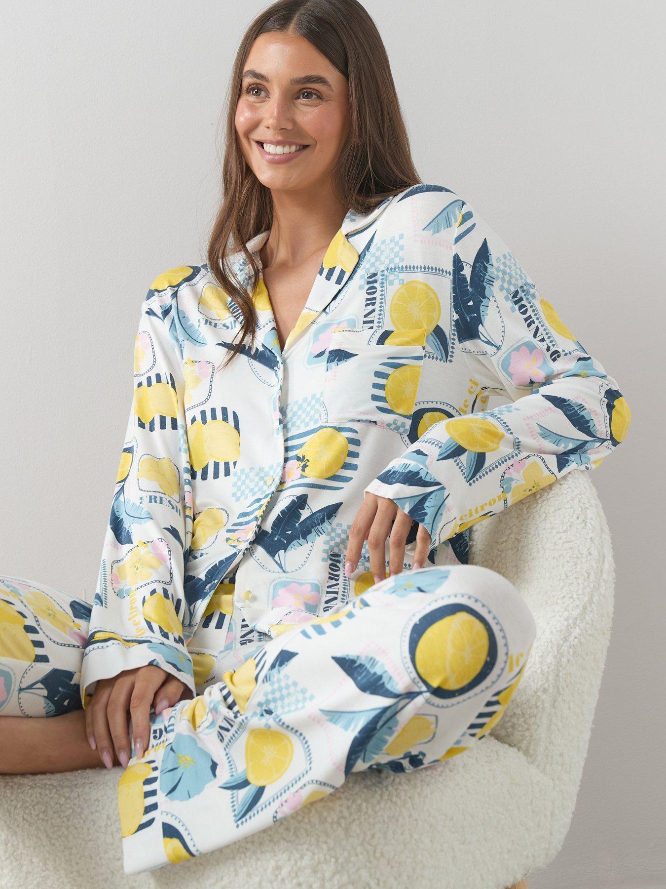 The Very Collection Lemon Print Jersey Revere Pyjama Set