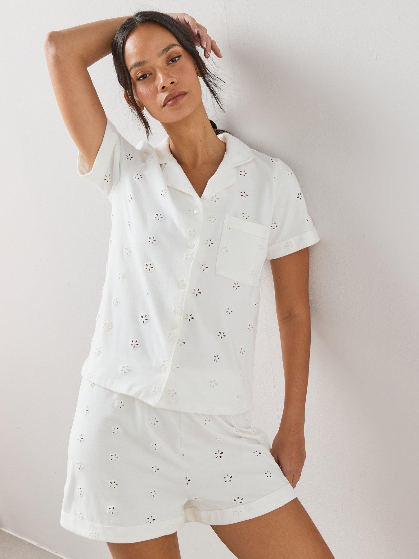 Image 1 of 6 of The Very Collection Short Sleeve Cut Out Broidere Short Pyjama Set - White