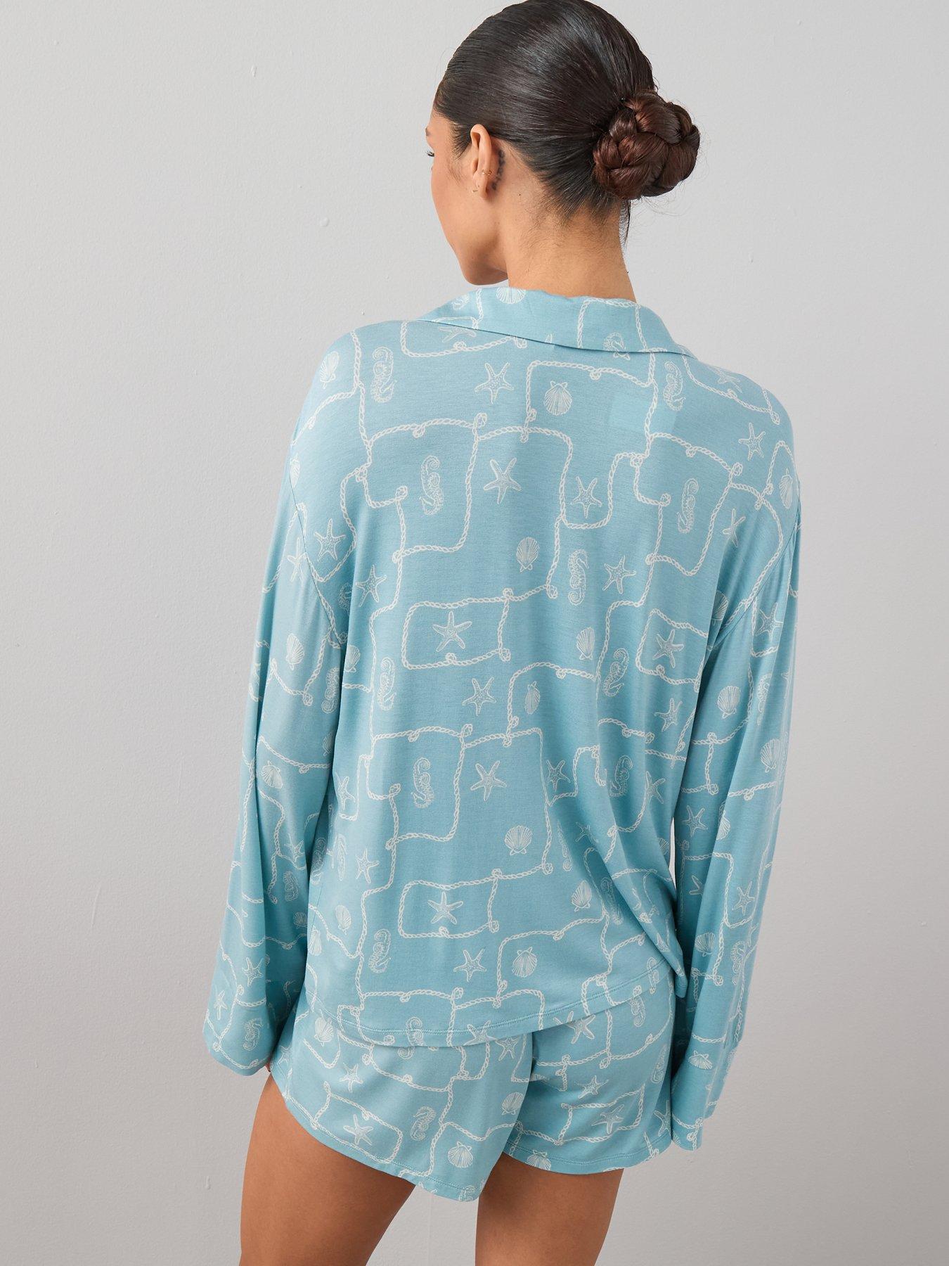 Image 2 of 7 of The Very Collection Sea Print Jersey Revere Short Pyjama Set - Blue
