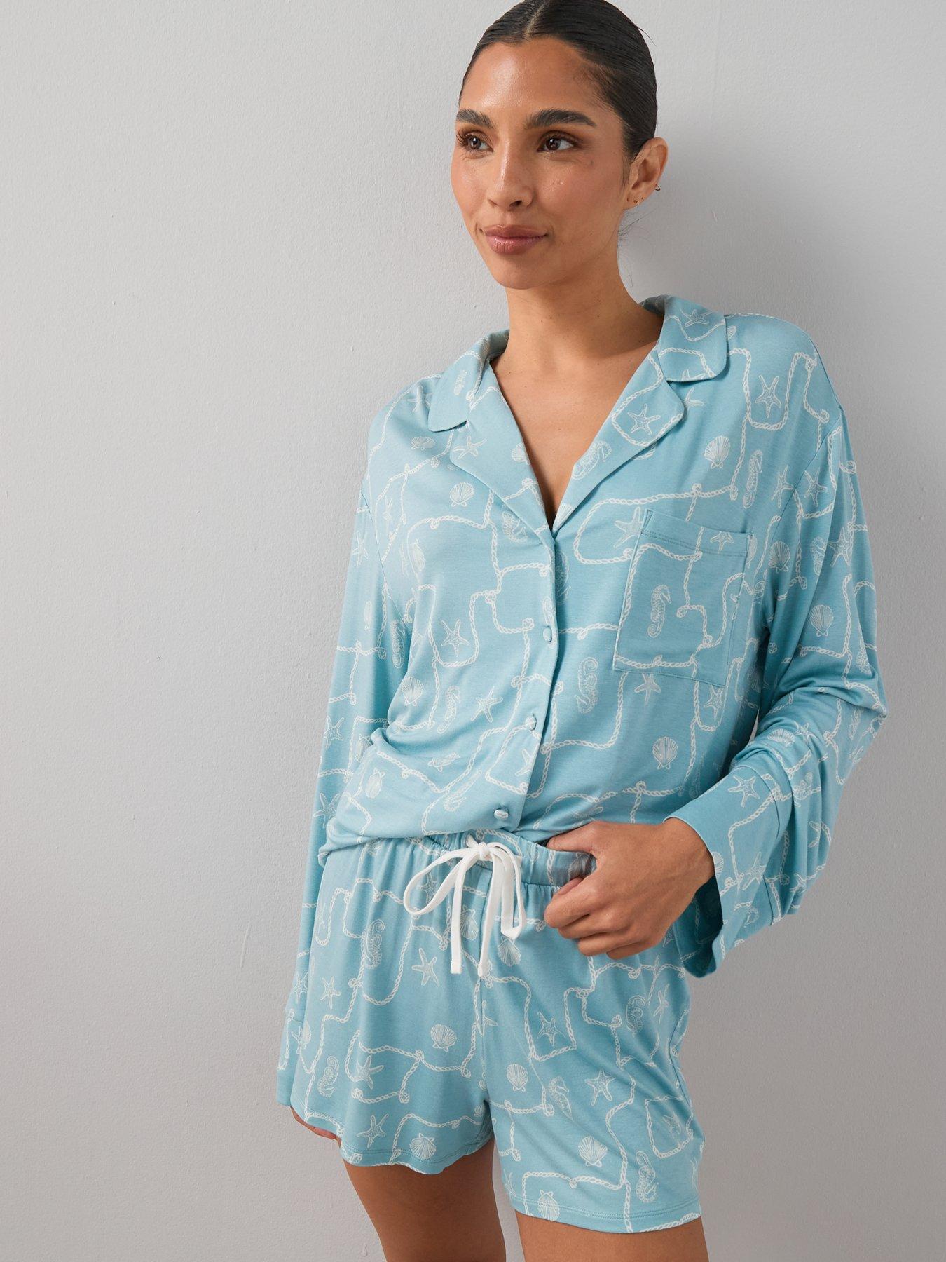 Image 3 of 7 of The Very Collection Sea Print Jersey Revere Short Pyjama Set - Blue