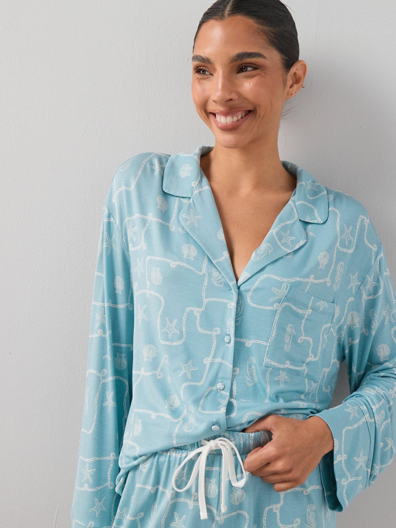 Image 5 of 7 of The Very Collection Sea Print Jersey Revere Short Pyjama Set - Blue