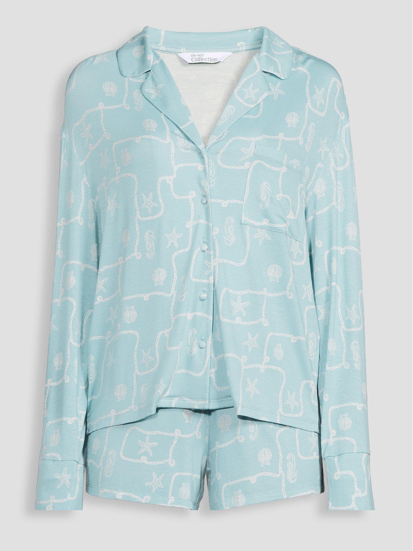 Image 7 of 7 of The Very Collection Sea Print Jersey Revere Short Pyjama Set - Blue
