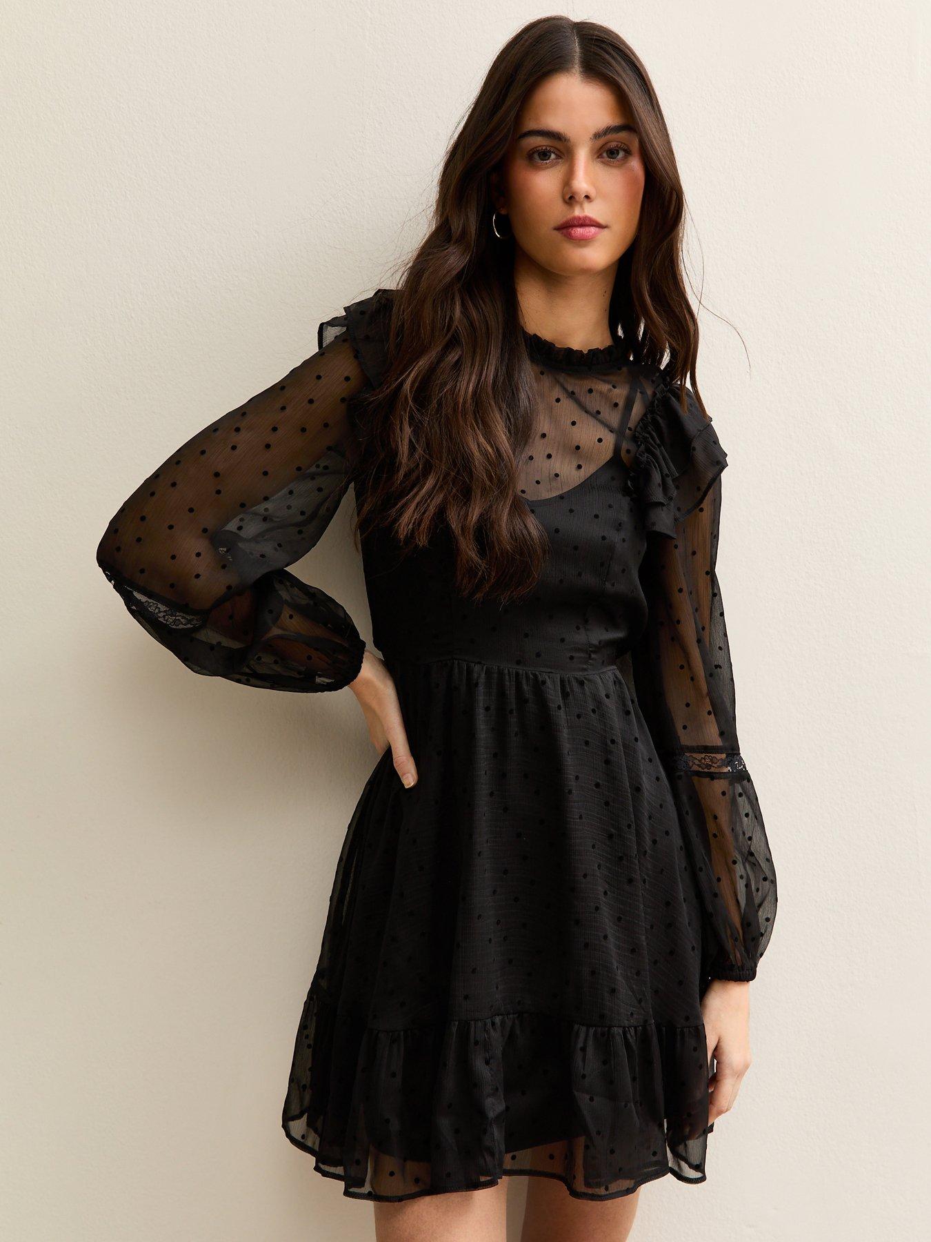 New Look Black Dobby Ruffle Long Sleeve Mini Dress