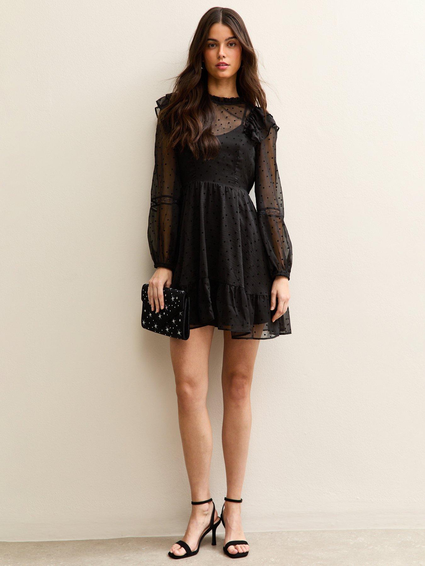 New Look Black Dobby Ruffle Long Sleeve Mini Dress | Very