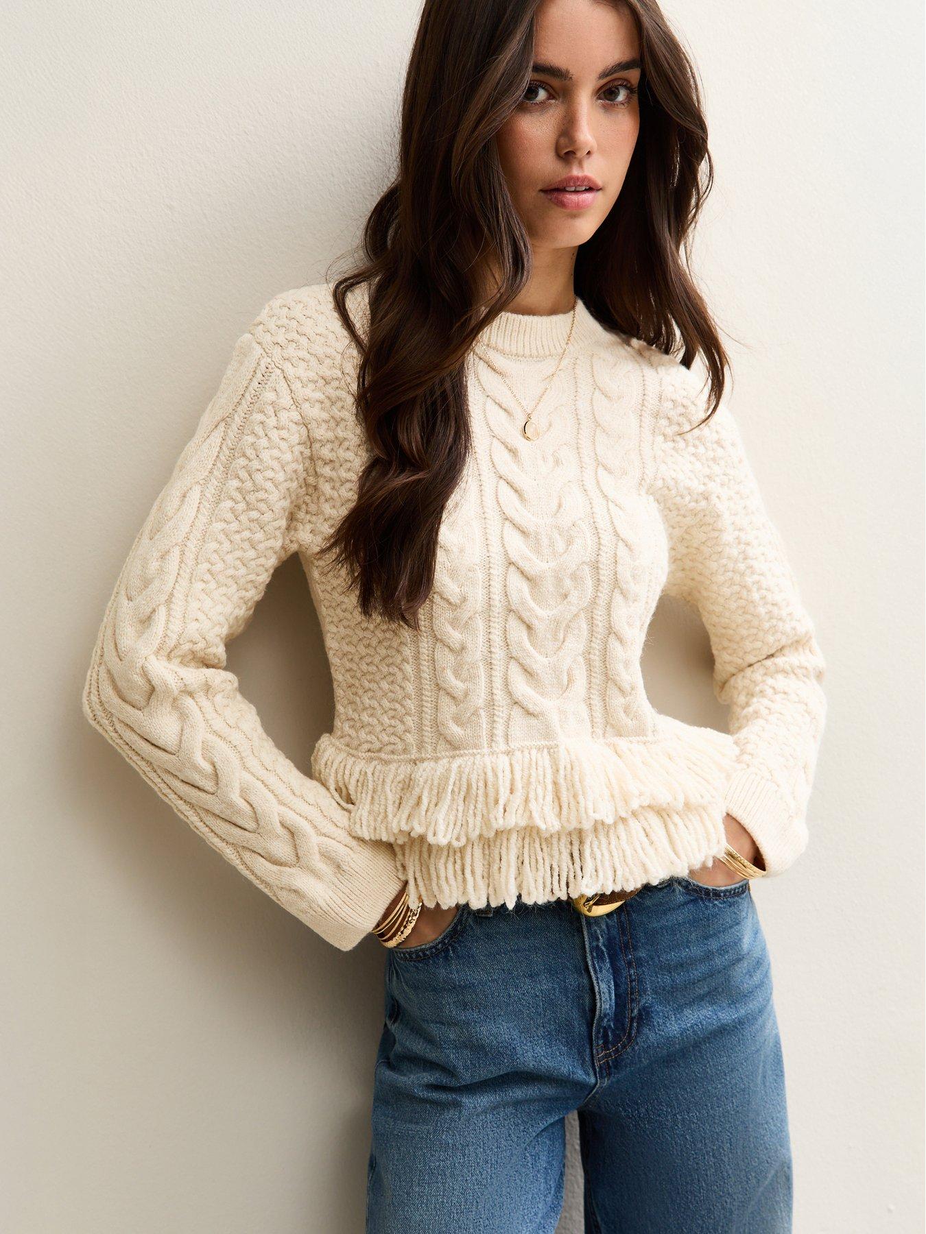 New Look Cream Cable Knit Fringe Hem Jumper