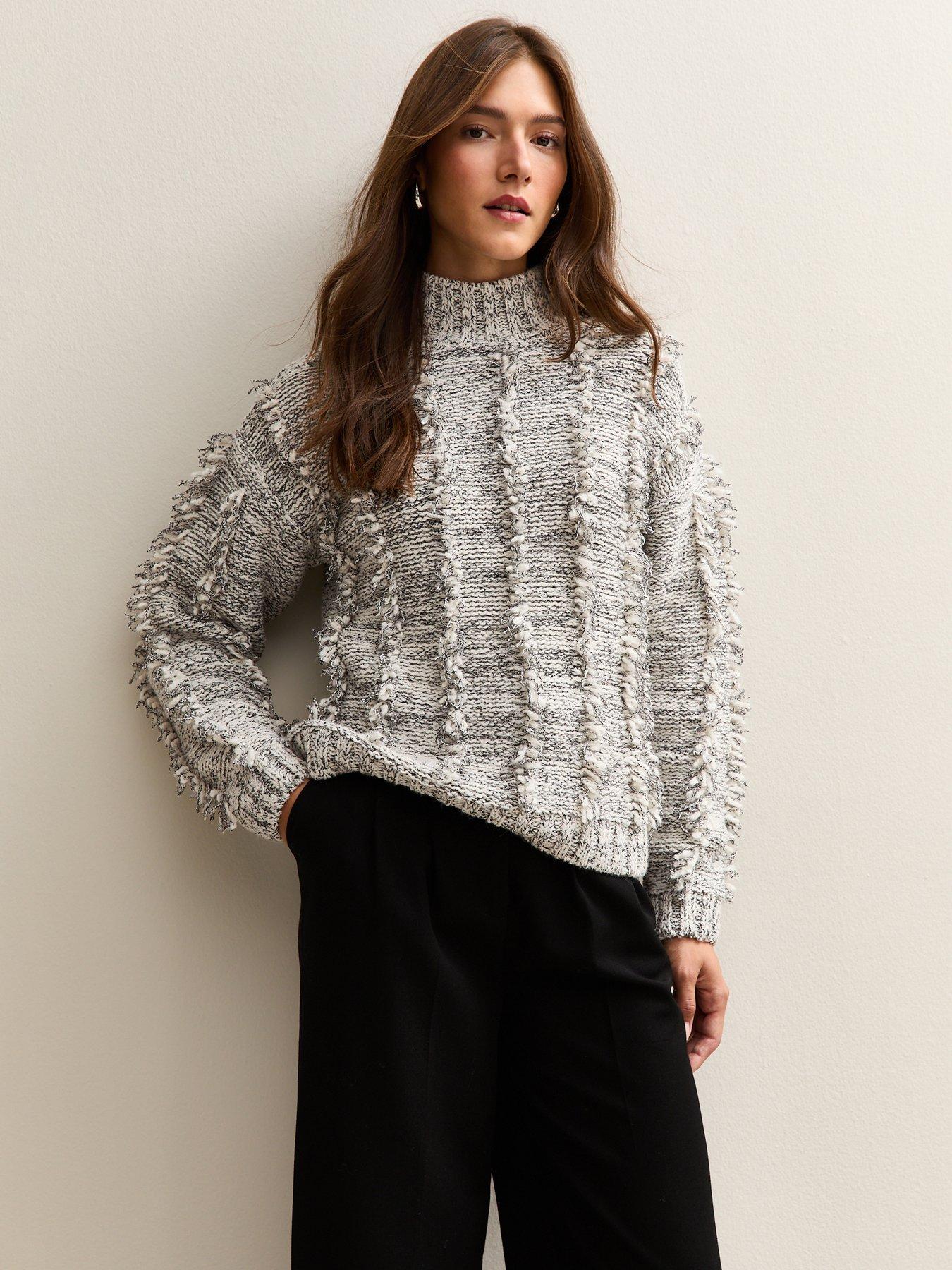New Look Grey Fringe Trim High Neck Jumper