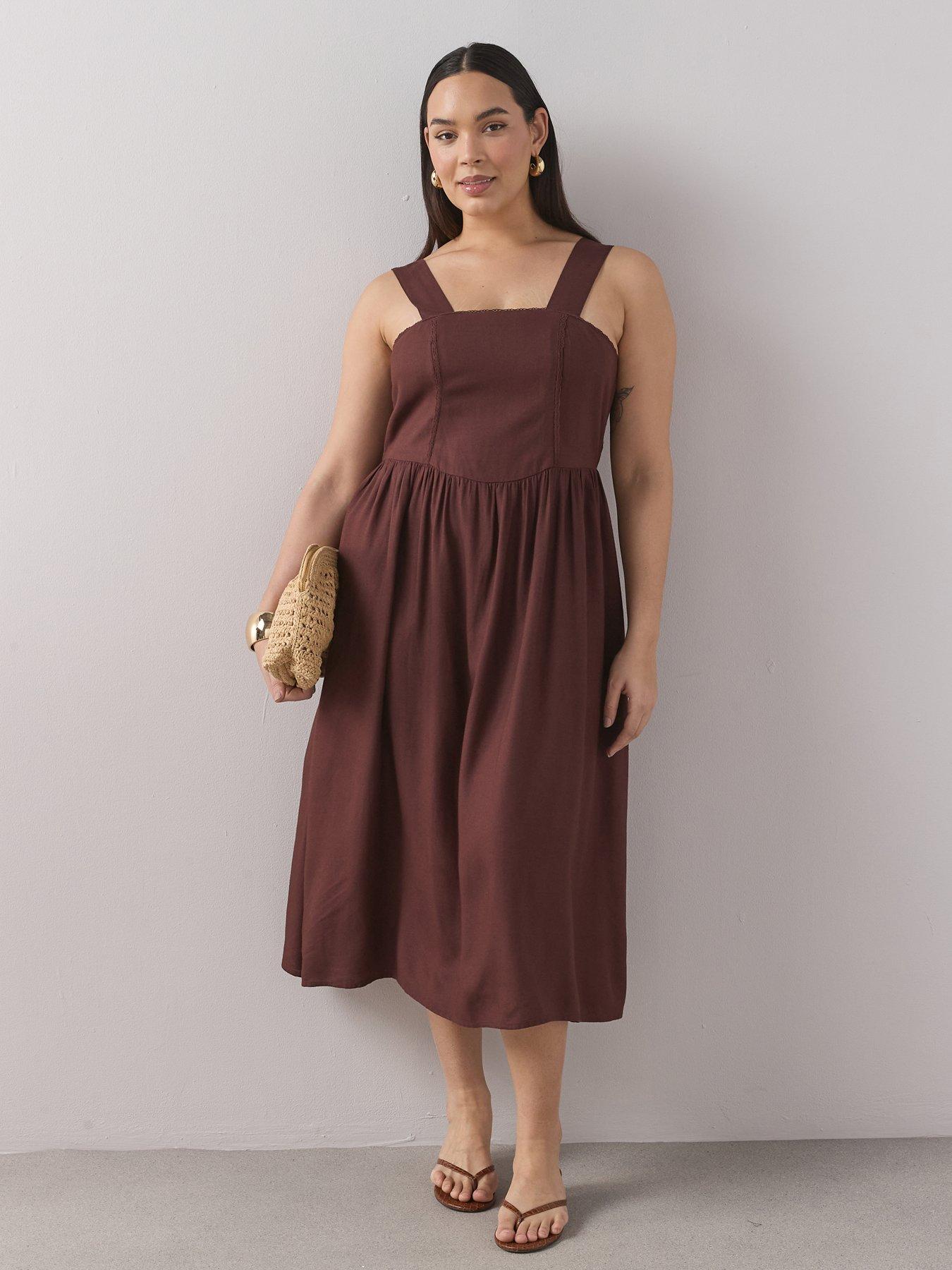 The Very Collection Curve Lace Trim Dropped Waist Linen Midi Dress - Brown