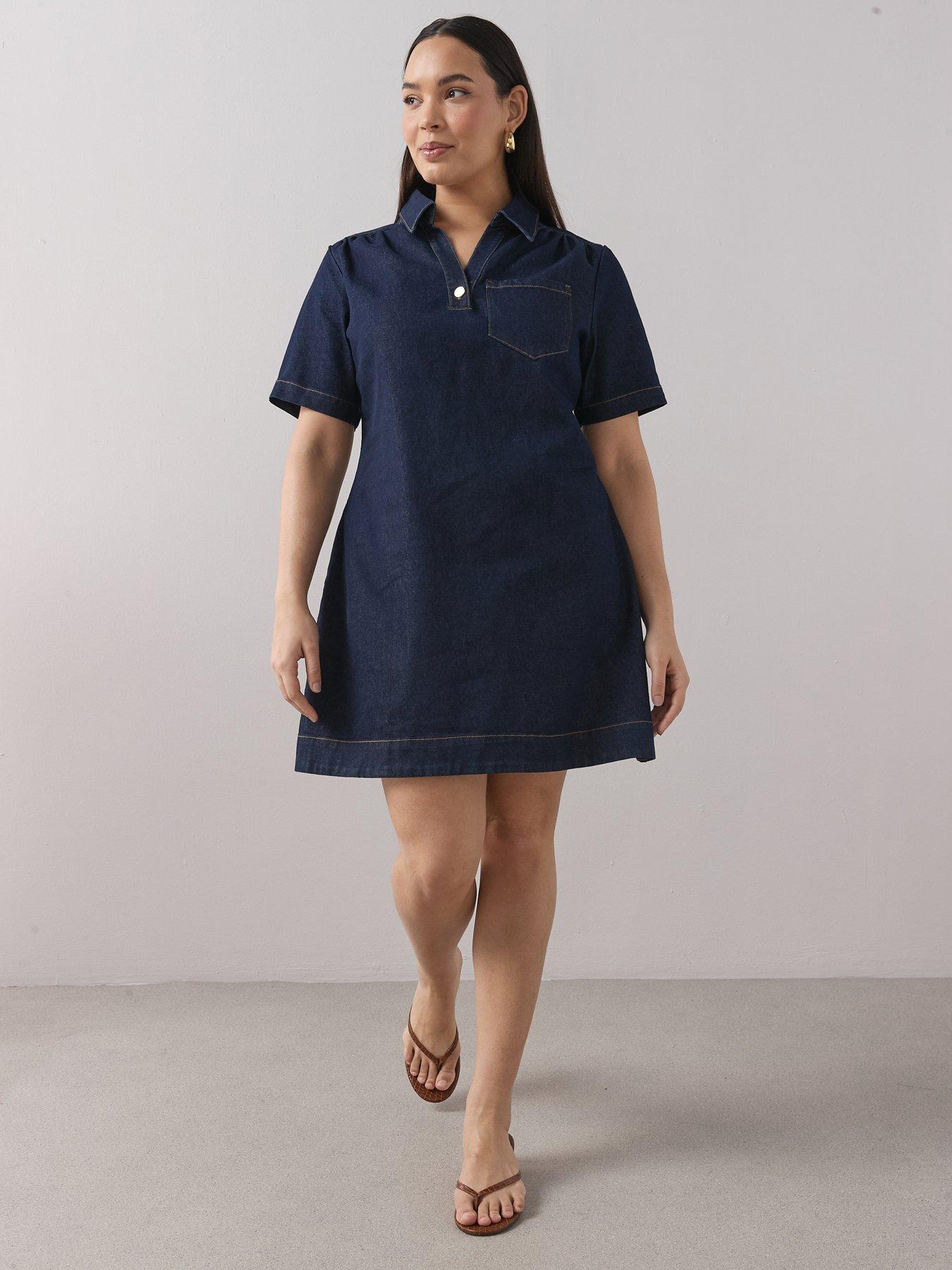 Image 1 of 6 of The Very Collection Curve Collared Denim Shift Dress - Indigo