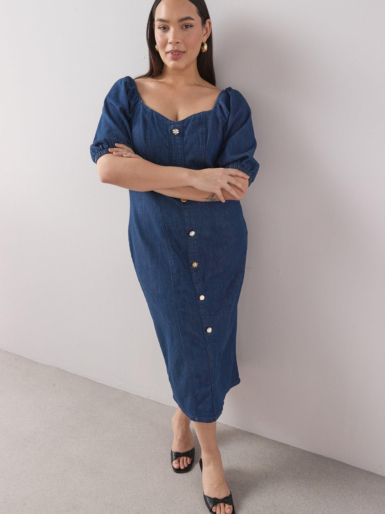 The Very Collection Curve Button Detail Stretch Denim Pencil Dress - Indigo