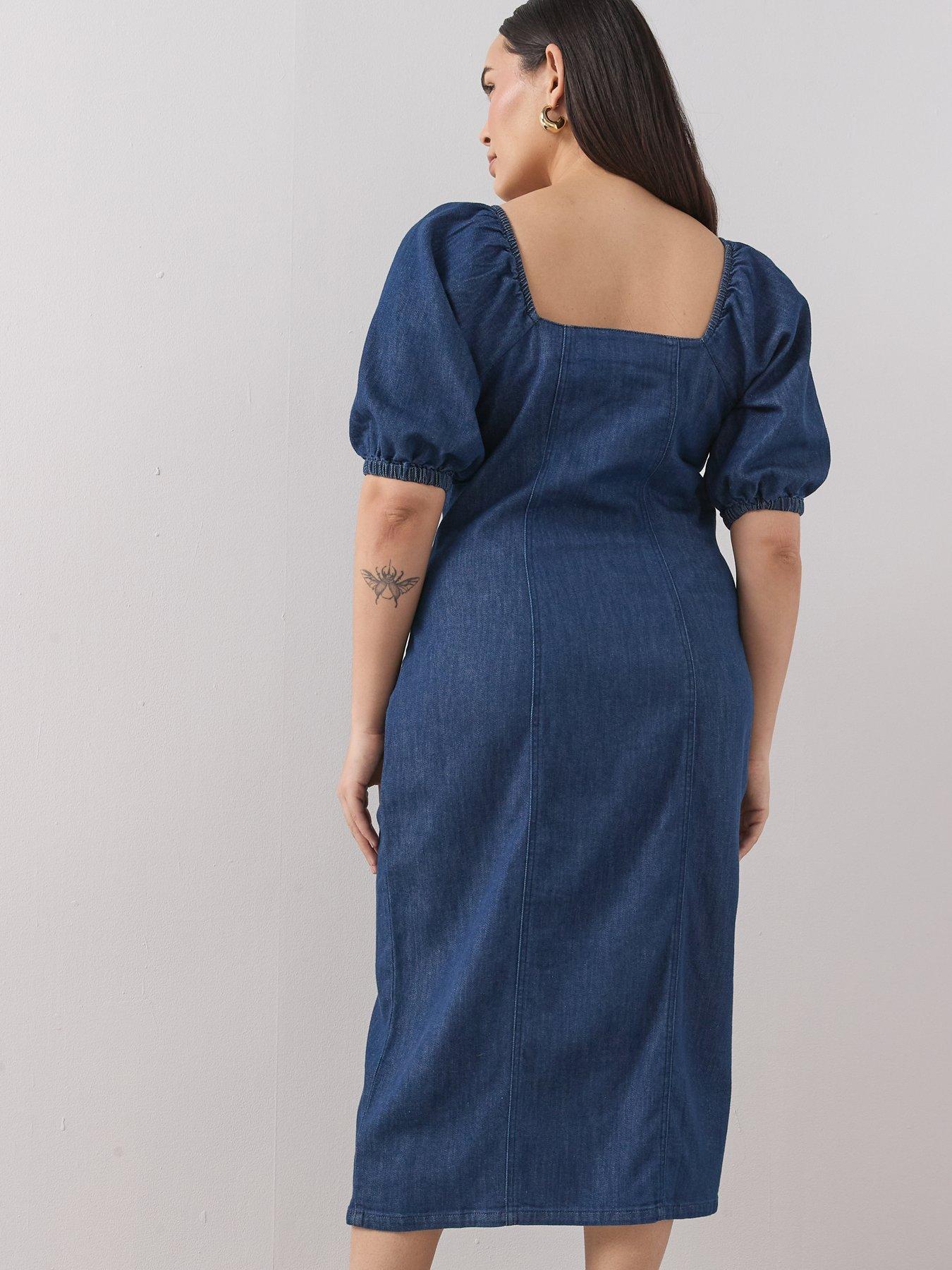 Image 2 of 6 of The Very Collection Curve Button Detail Stretch Denim Pencil Dress