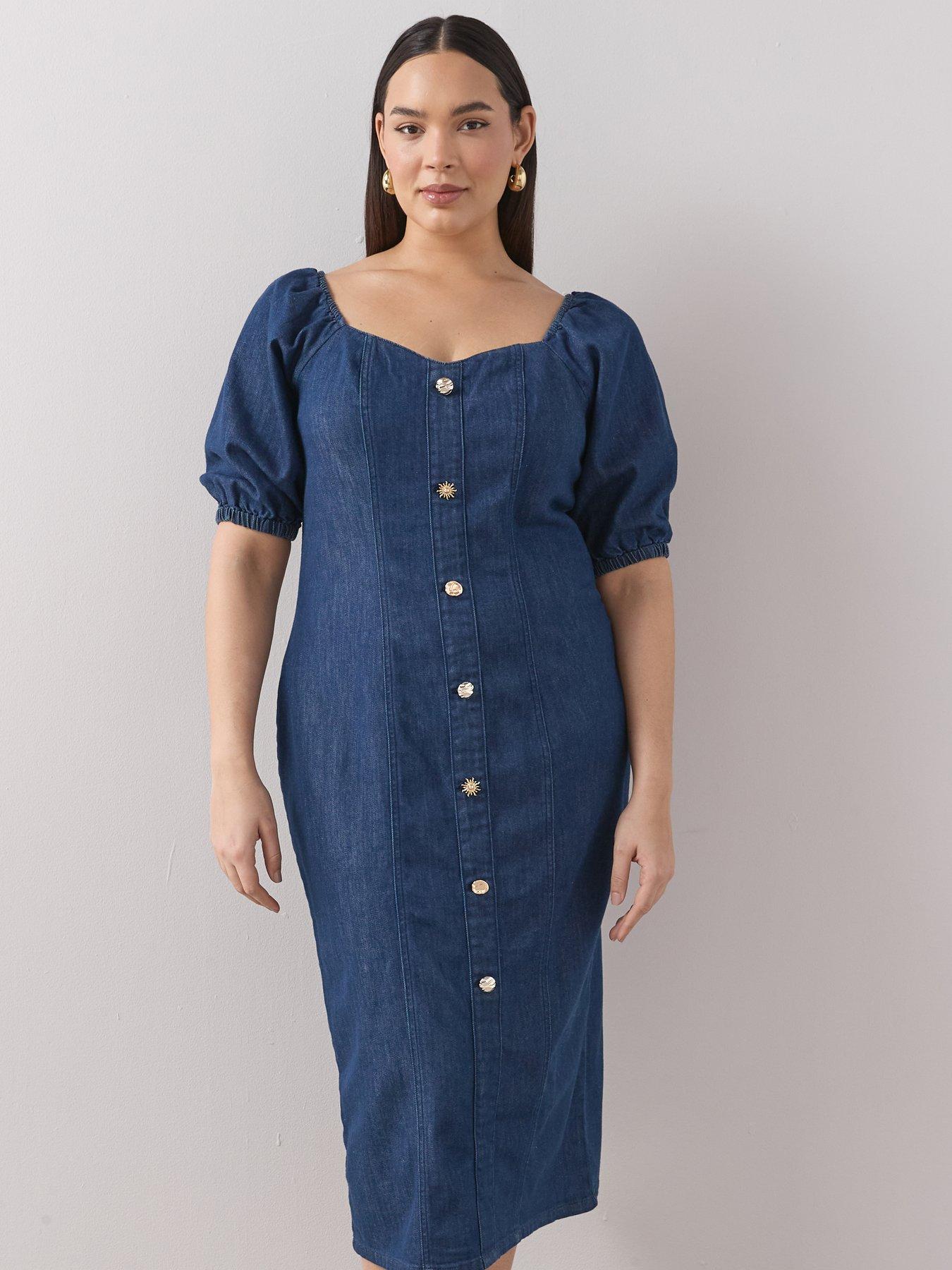 Image 3 of 6 of The Very Collection Curve Button Detail Stretch Denim Pencil Dress