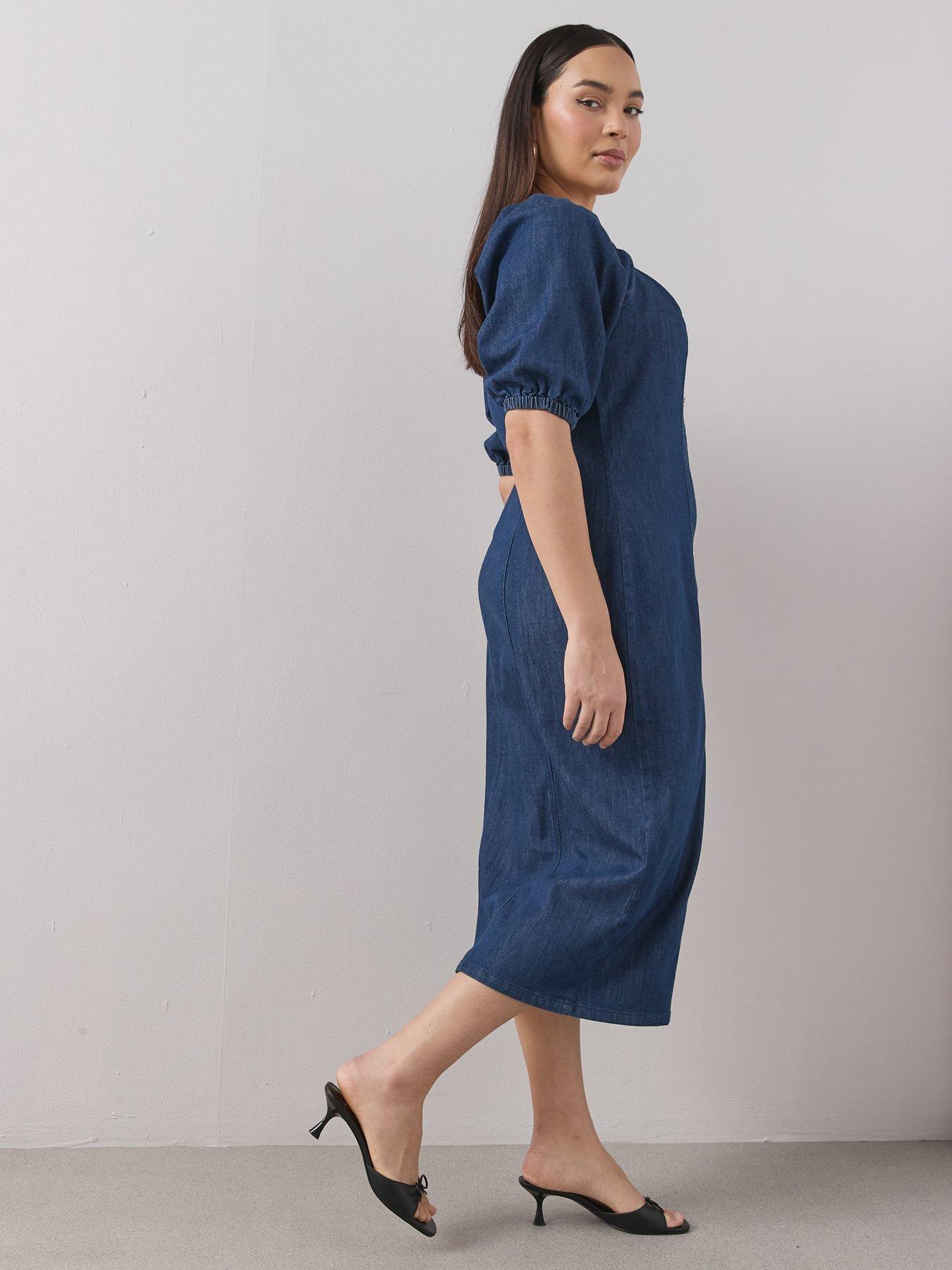 Image 4 of 6 of The Very Collection Curve Button Detail Stretch Denim Pencil Dress