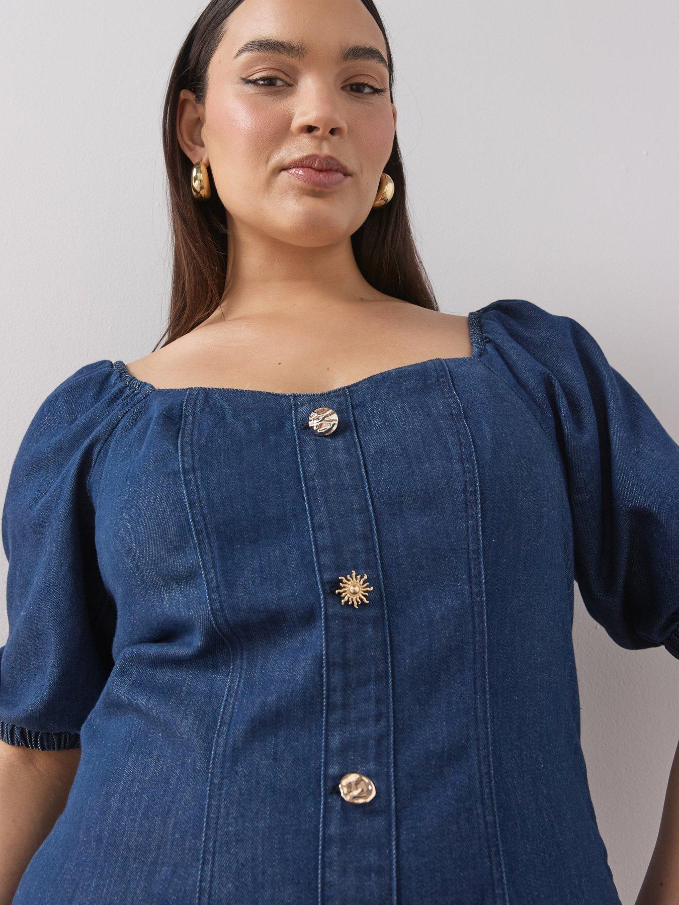 Image 5 of 6 of The Very Collection Curve Button Detail Stretch Denim Pencil Dress