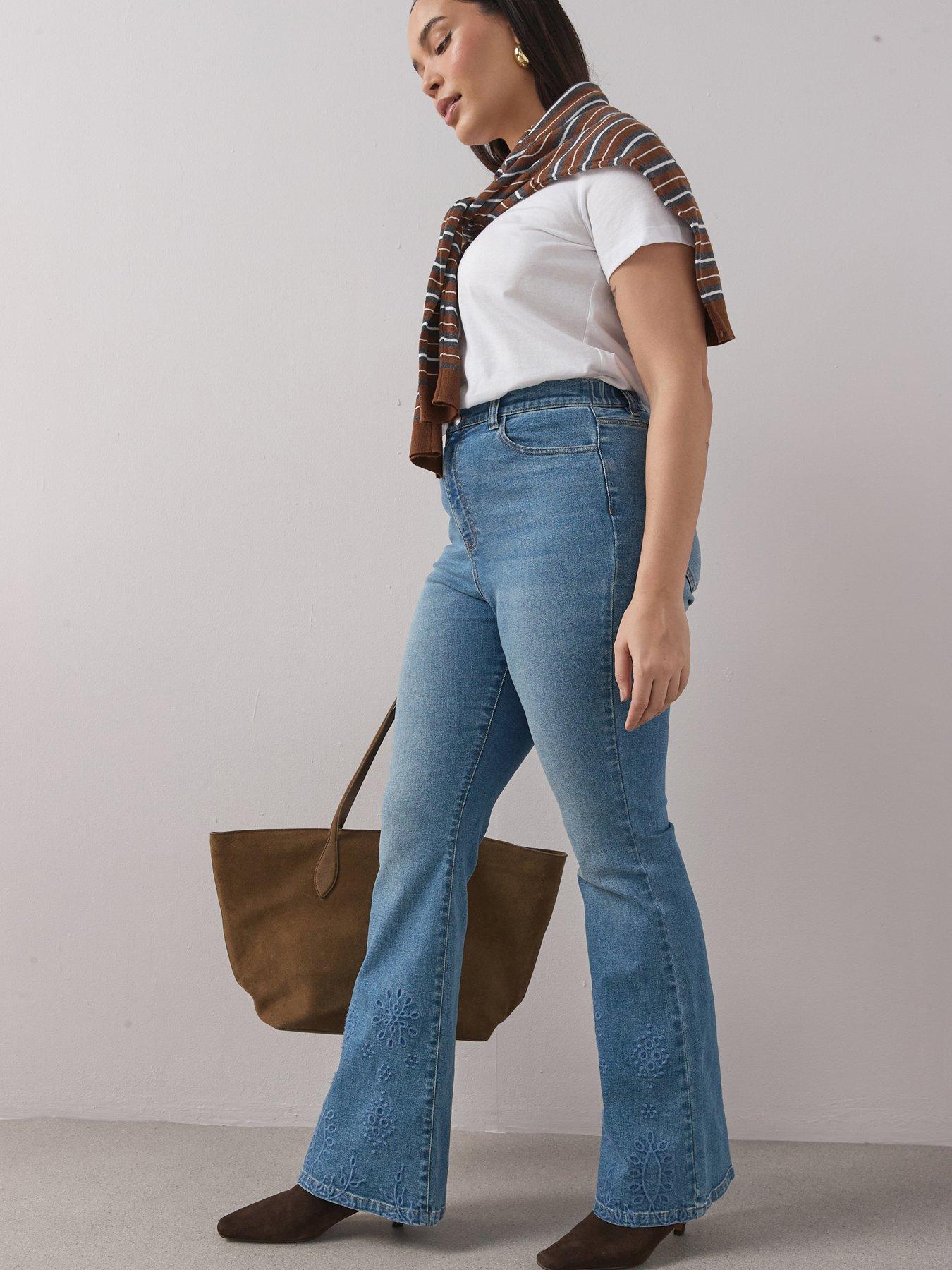 The Very Collection Curve Embroidered Hem Stretch Kickflare Jean - Mid Wash