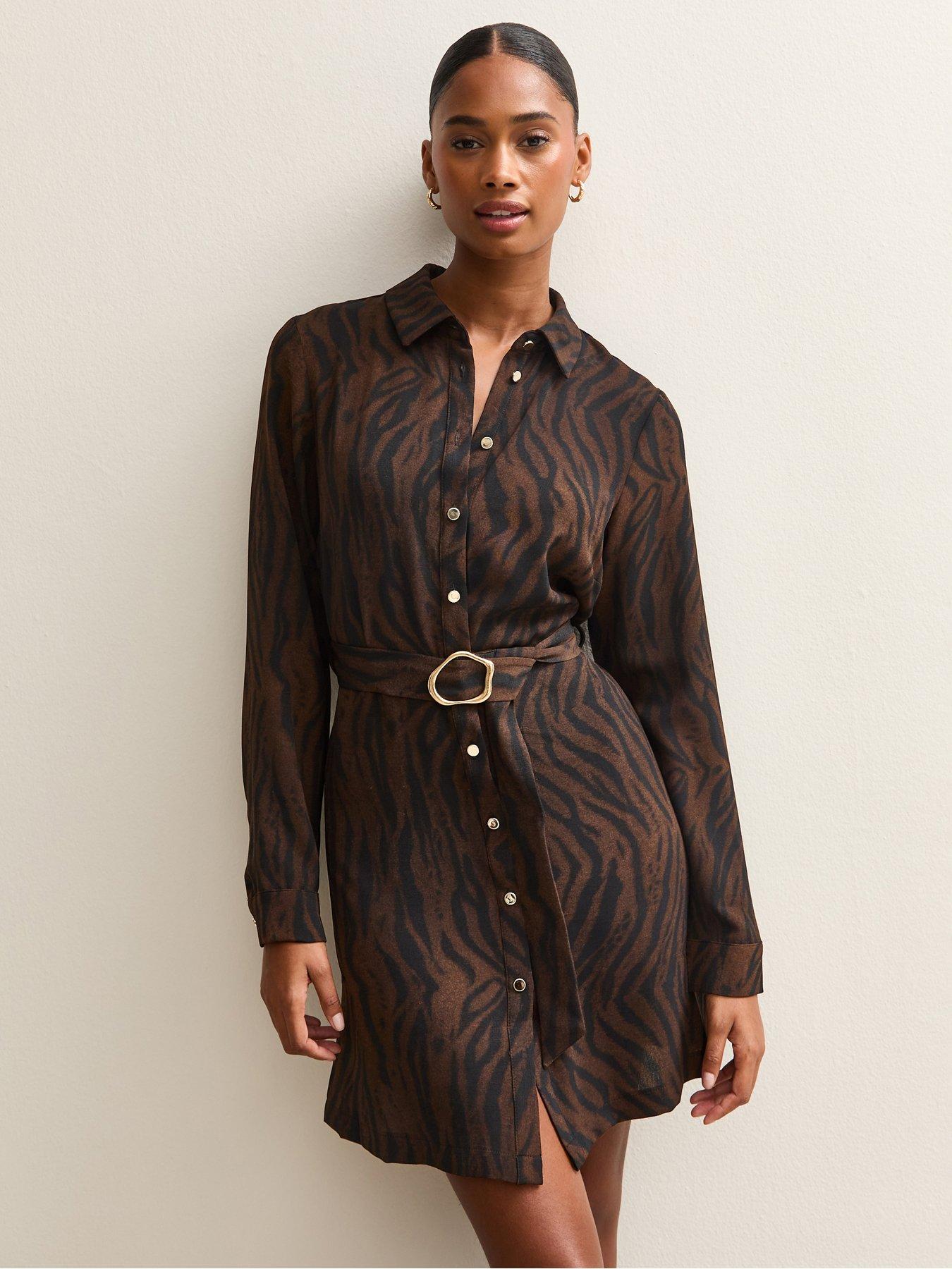 New Look: Brown Tiger Print Buckle Detail Mini Shirt Dress