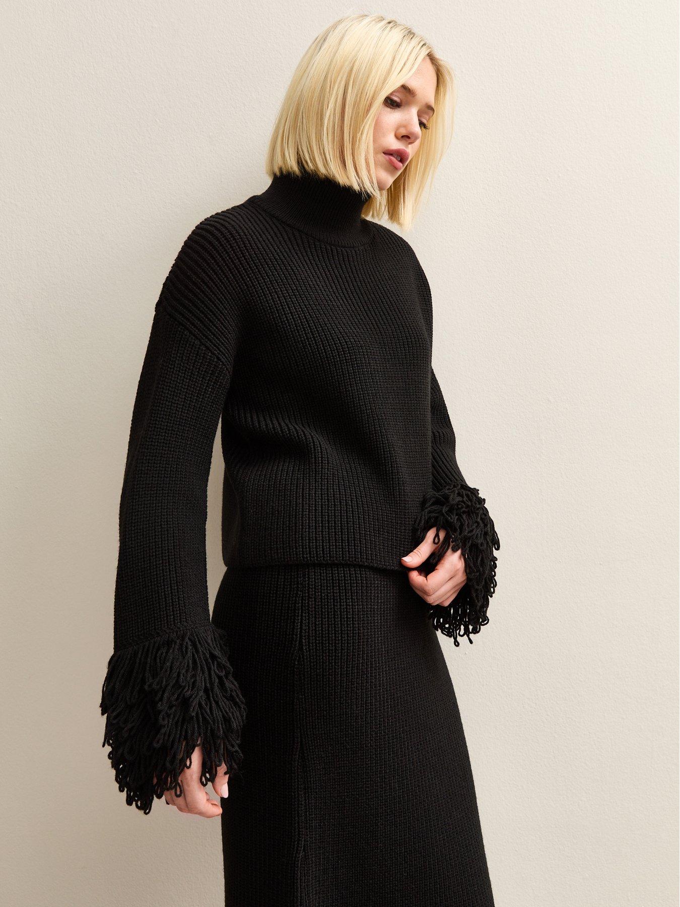 New Look Black Looped Fringe High Neck Jumper