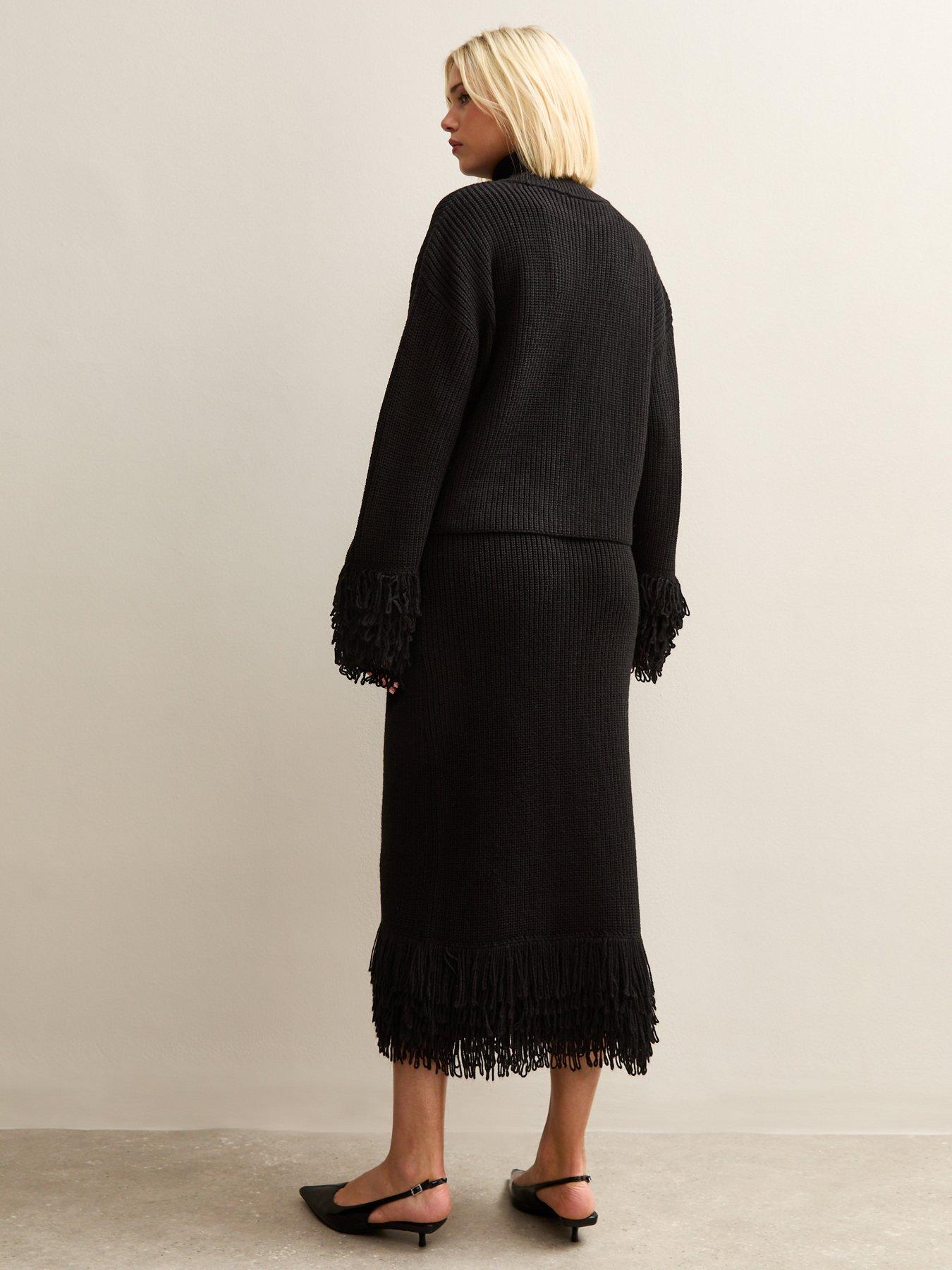 【OG 】FRINGE KNIT I LINE SKIRT New Look Black Knit Looped Fringe Midi Skirt | Very