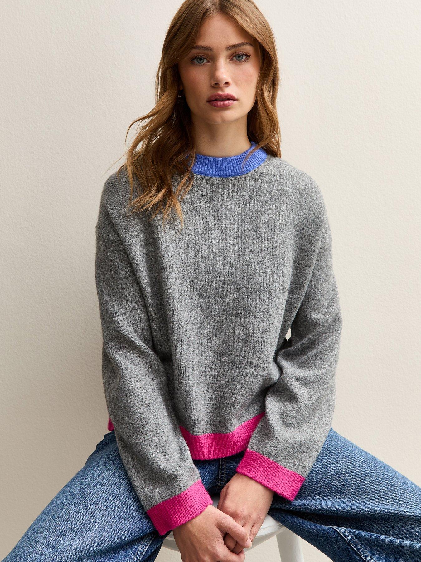 New Look Grey Contrast Rib Crew Neck Jumper