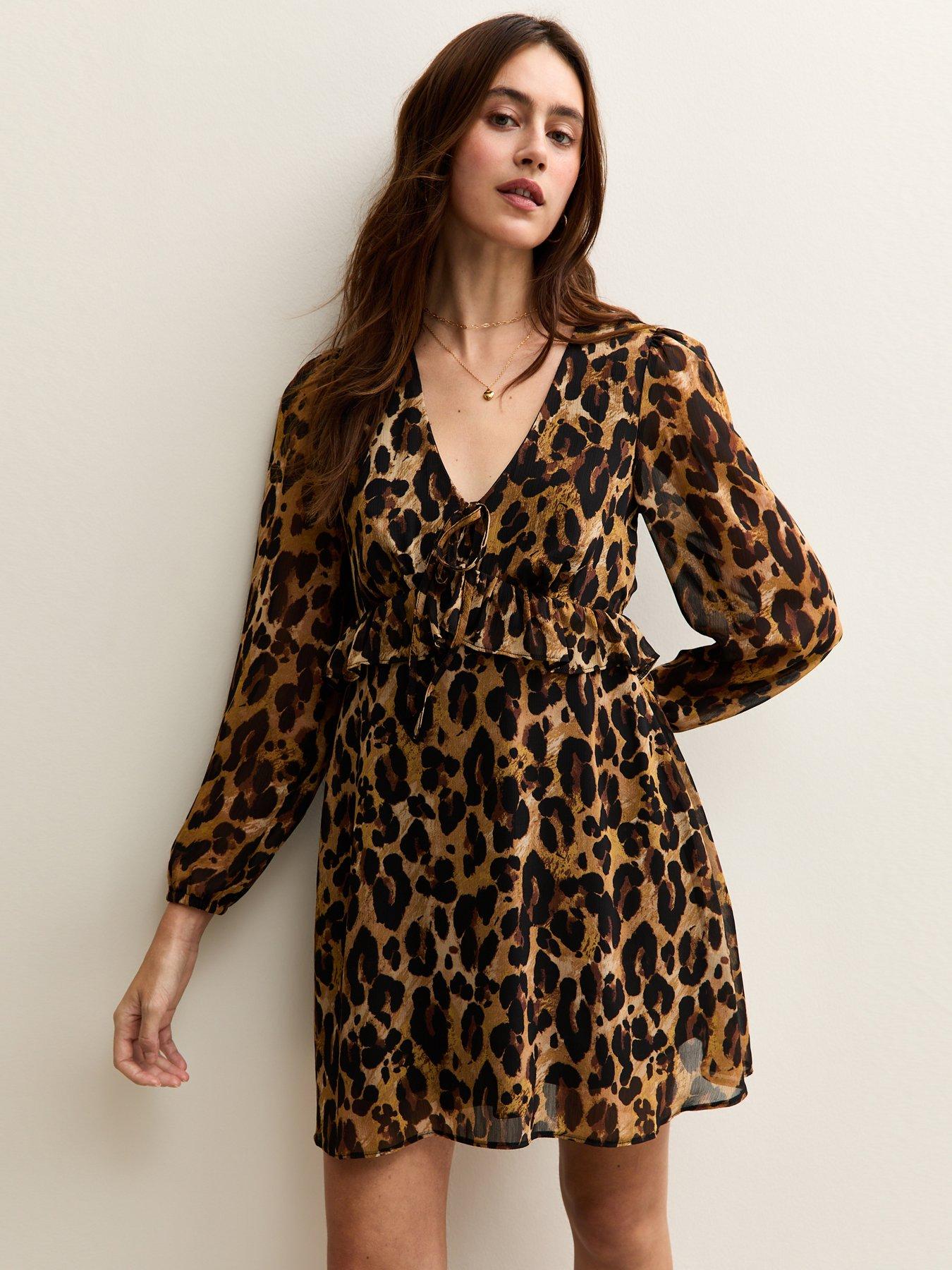 New Look Leopard Print Chiffon Long Sleeve Mini Dress - Brown