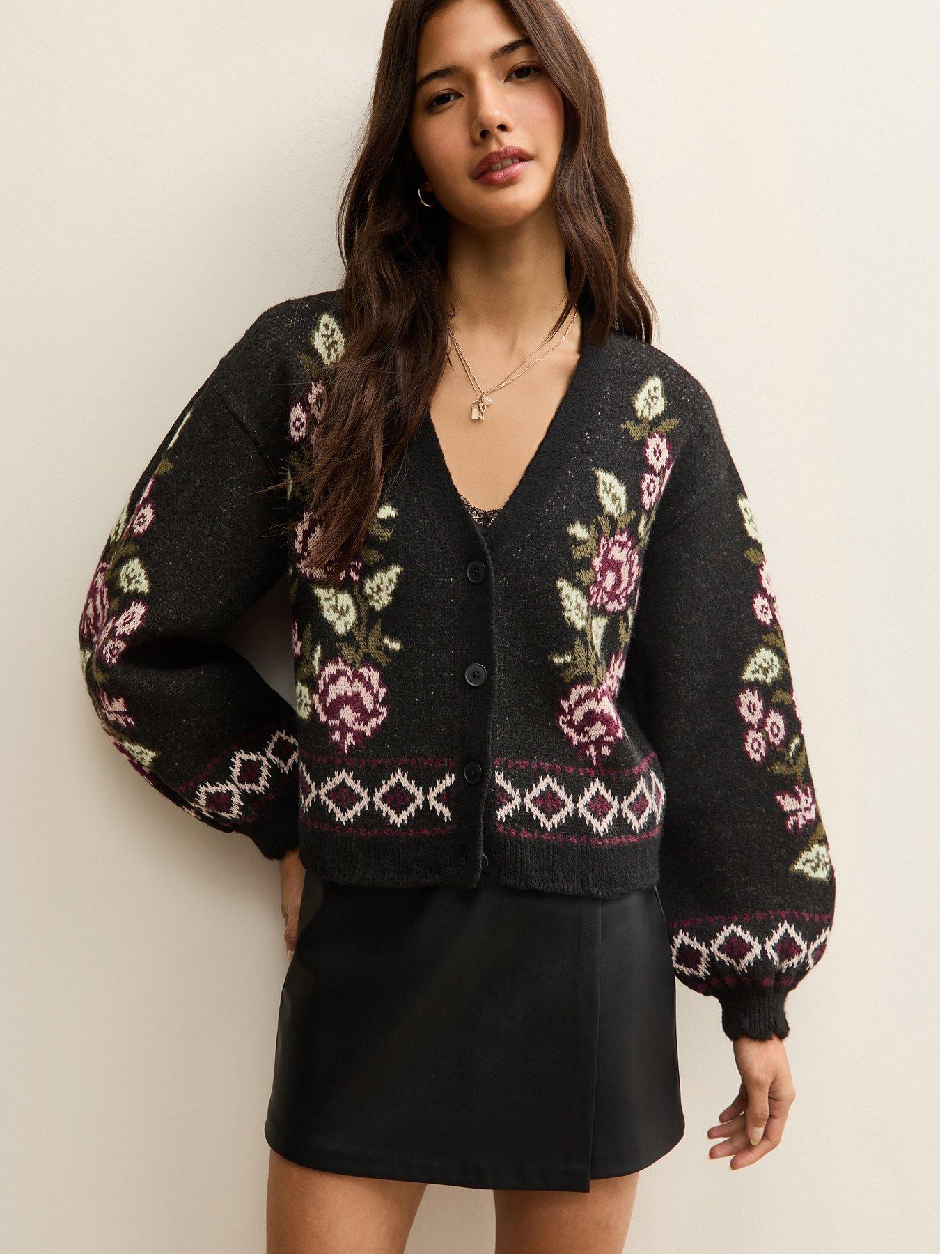 New Look Floral Jacquard V-Neck Cardigan - Black | Very