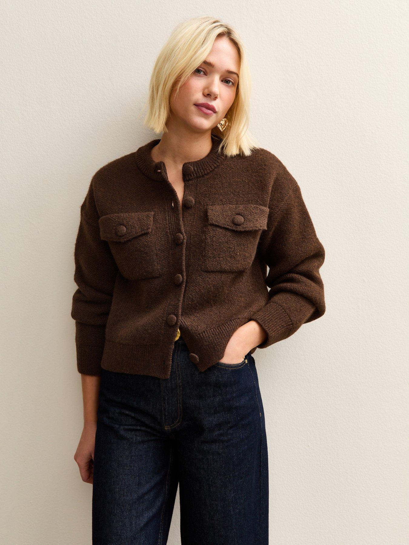 New Look Flap Pocket Knitted Bomber Jacket - Brown