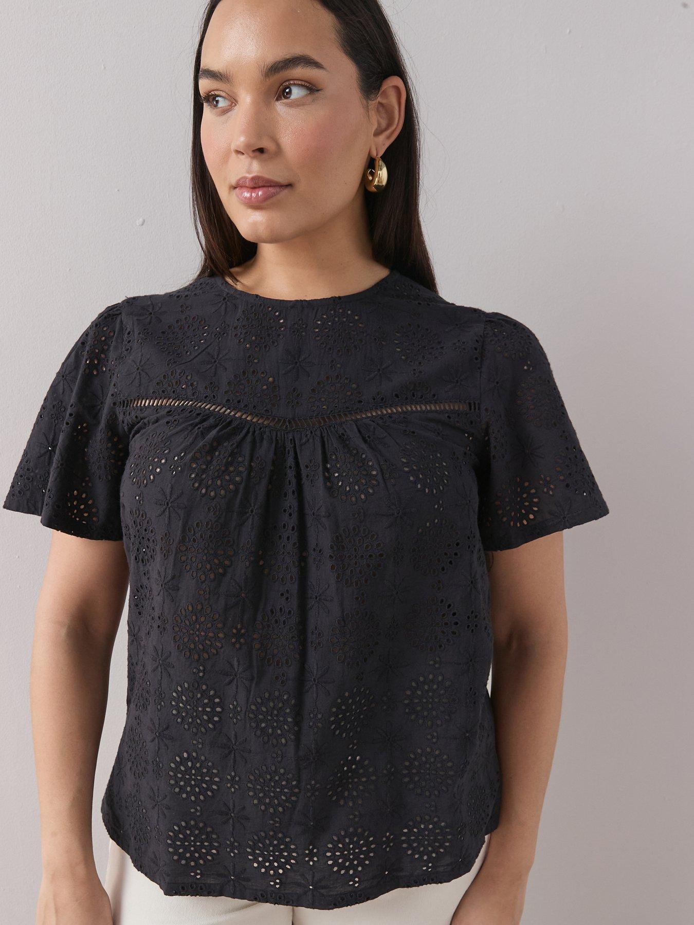 Image 6 of 6 of The Very Collection Curve Broderie Front Top - Black