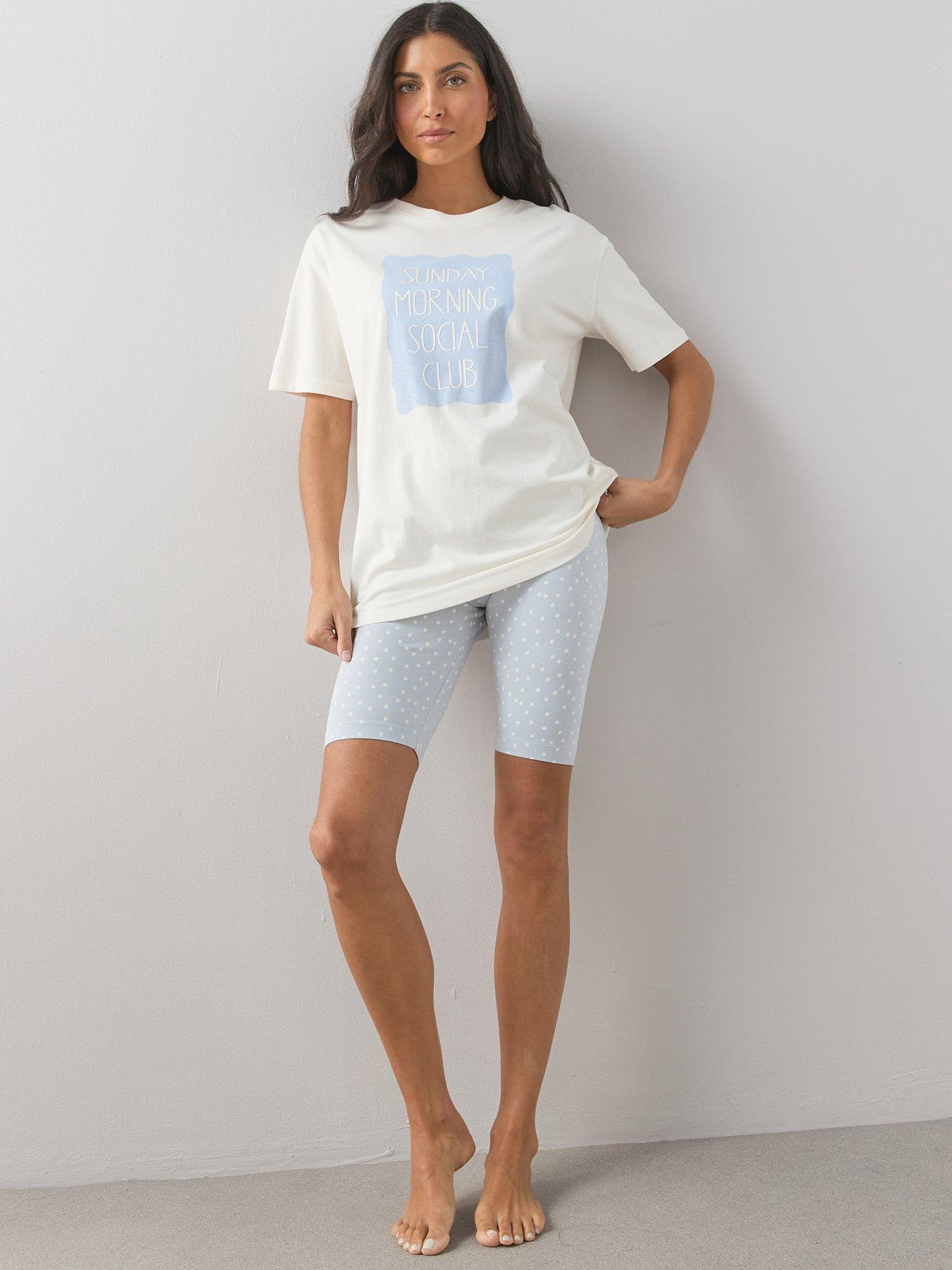 Image 1 of 6 of The Very Collection Longline Sunday Morning Club Tshirt With Cycling Short Pyjama Set