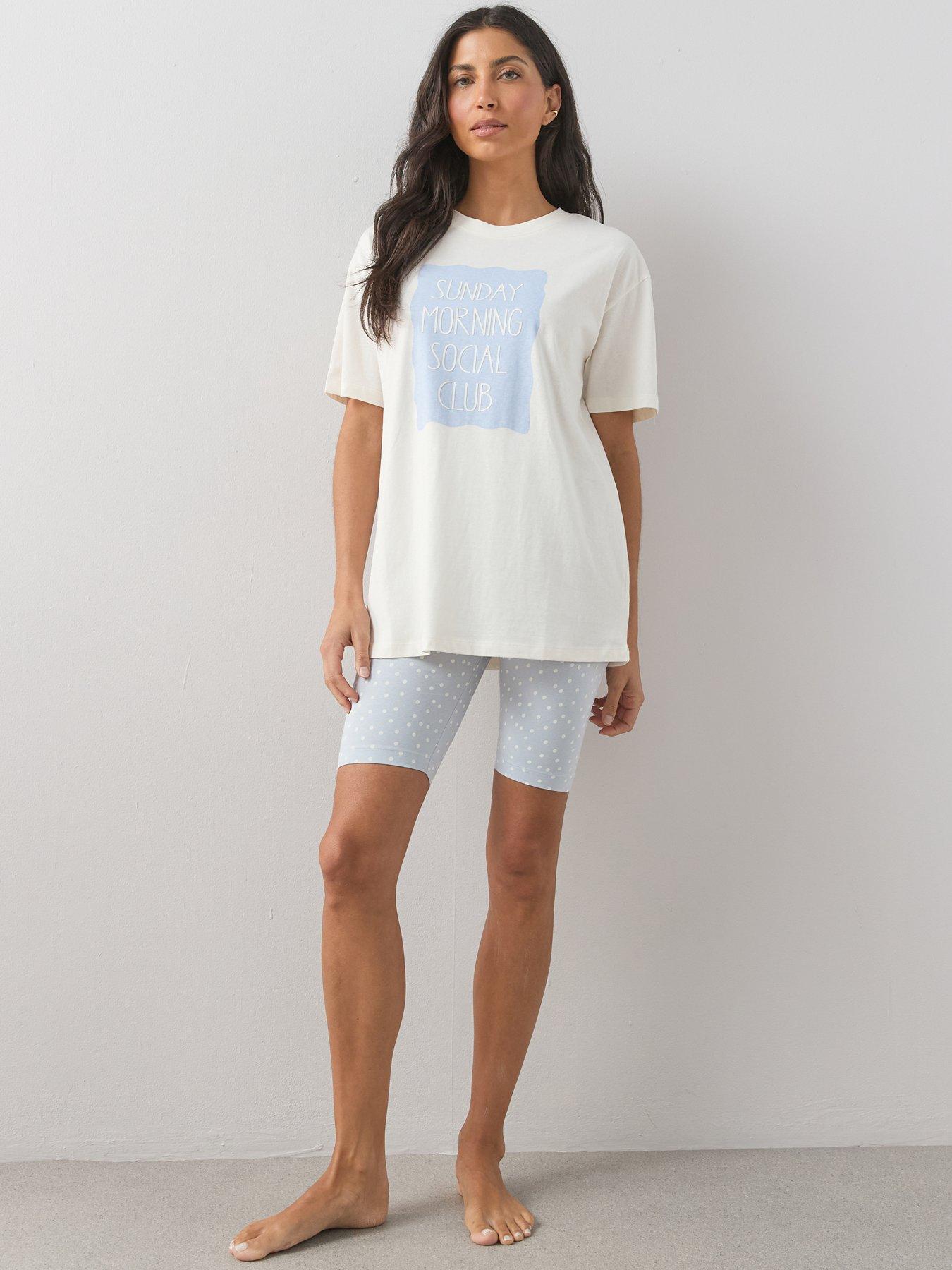 Image 3 of 6 of The Very Collection Longline Sunday Morning Club Tshirt With Cycling Short Pyjama Set