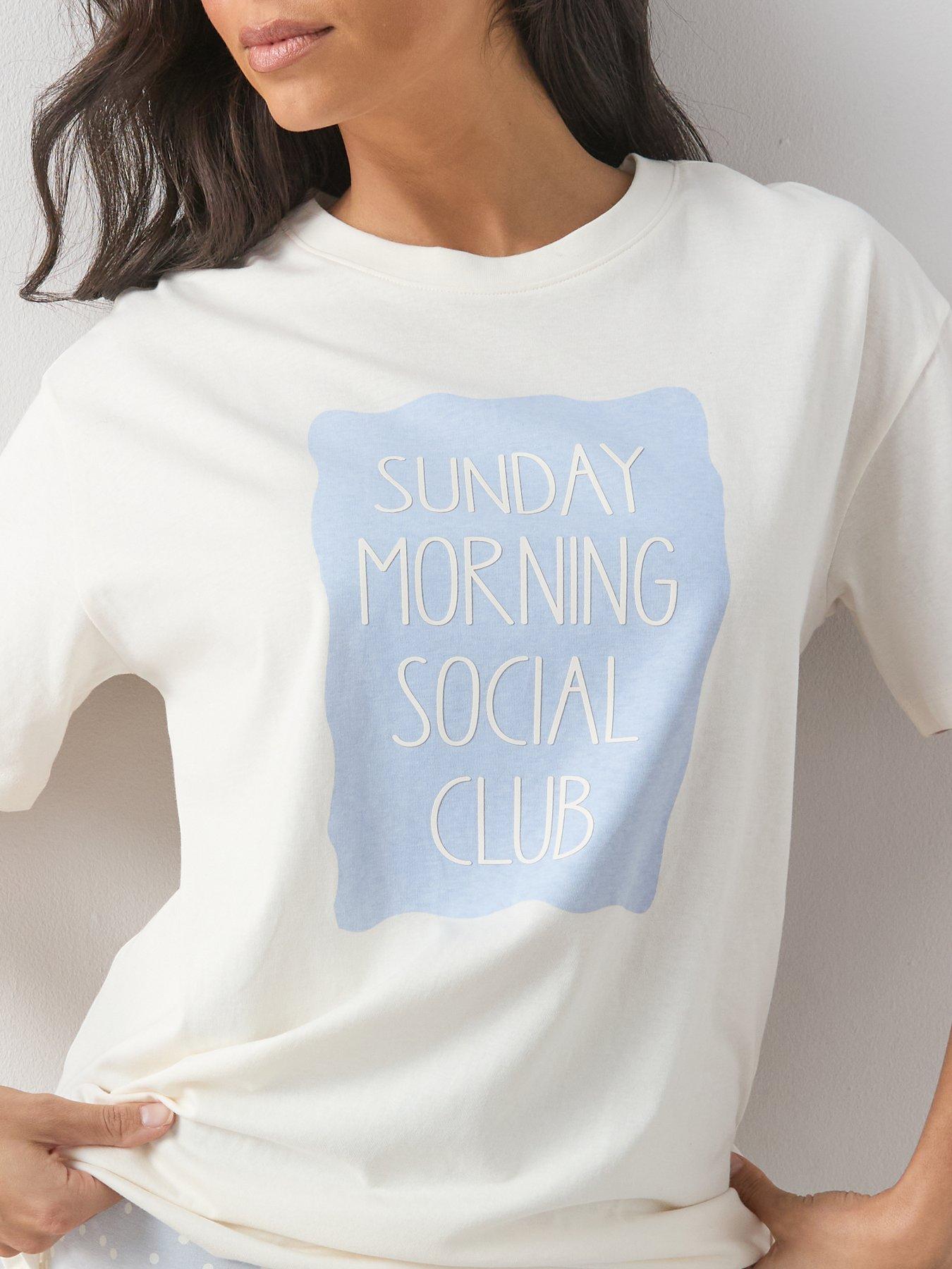 Image 4 of 6 of The Very Collection Longline Sunday Morning Club Tshirt With Cycling Short Pyjama Set