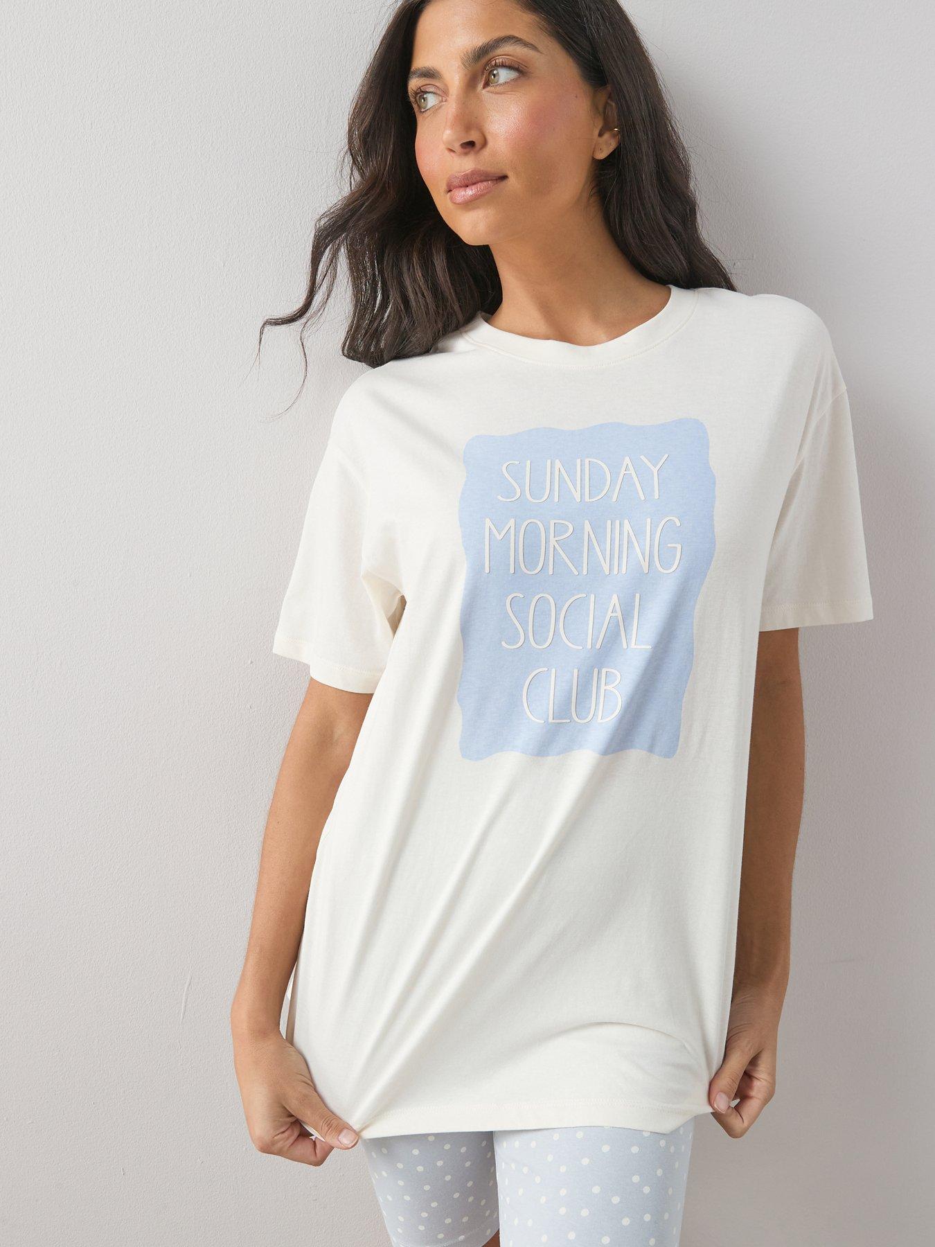 Image 5 of 6 of The Very Collection Longline Sunday Morning Club Tshirt With Cycling Short Pyjama Set