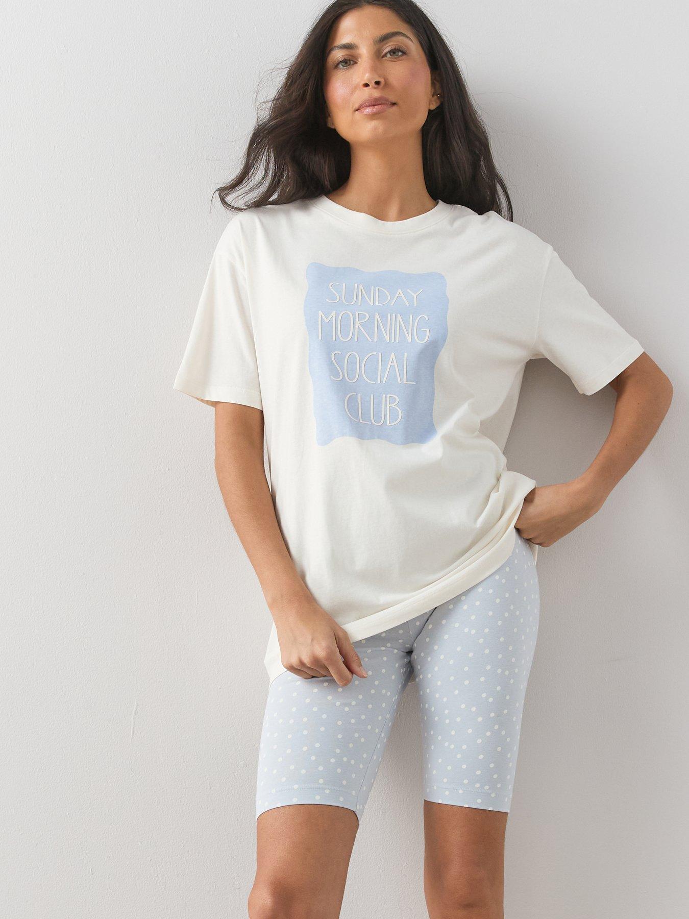 Image 6 of 6 of The Very Collection Longline Sunday Morning Club Tshirt With Cycling Short Pyjama Set