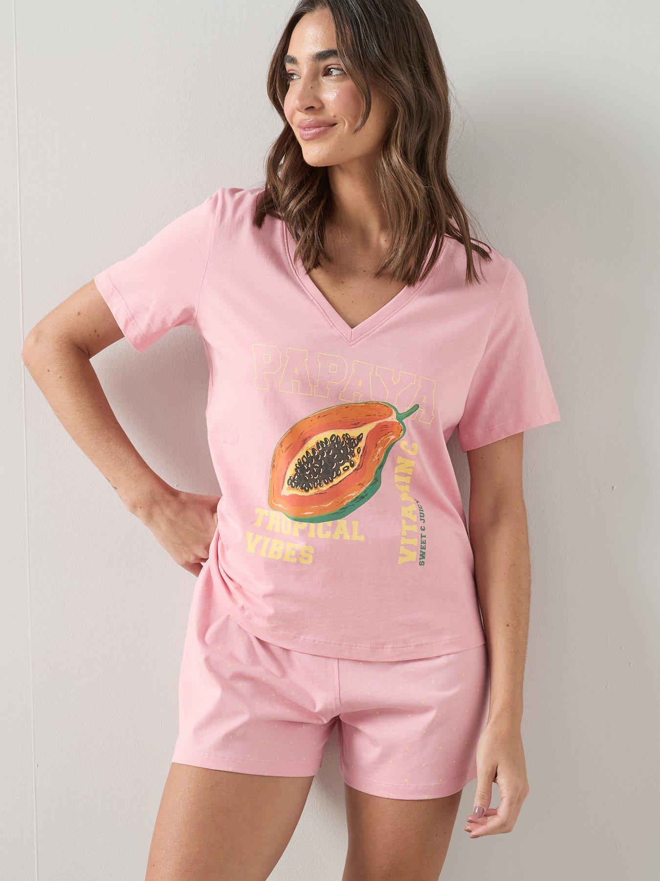 The Very Collection Papaya Graphic V Neck T-Shirt And Short Pyjama Set - Pink