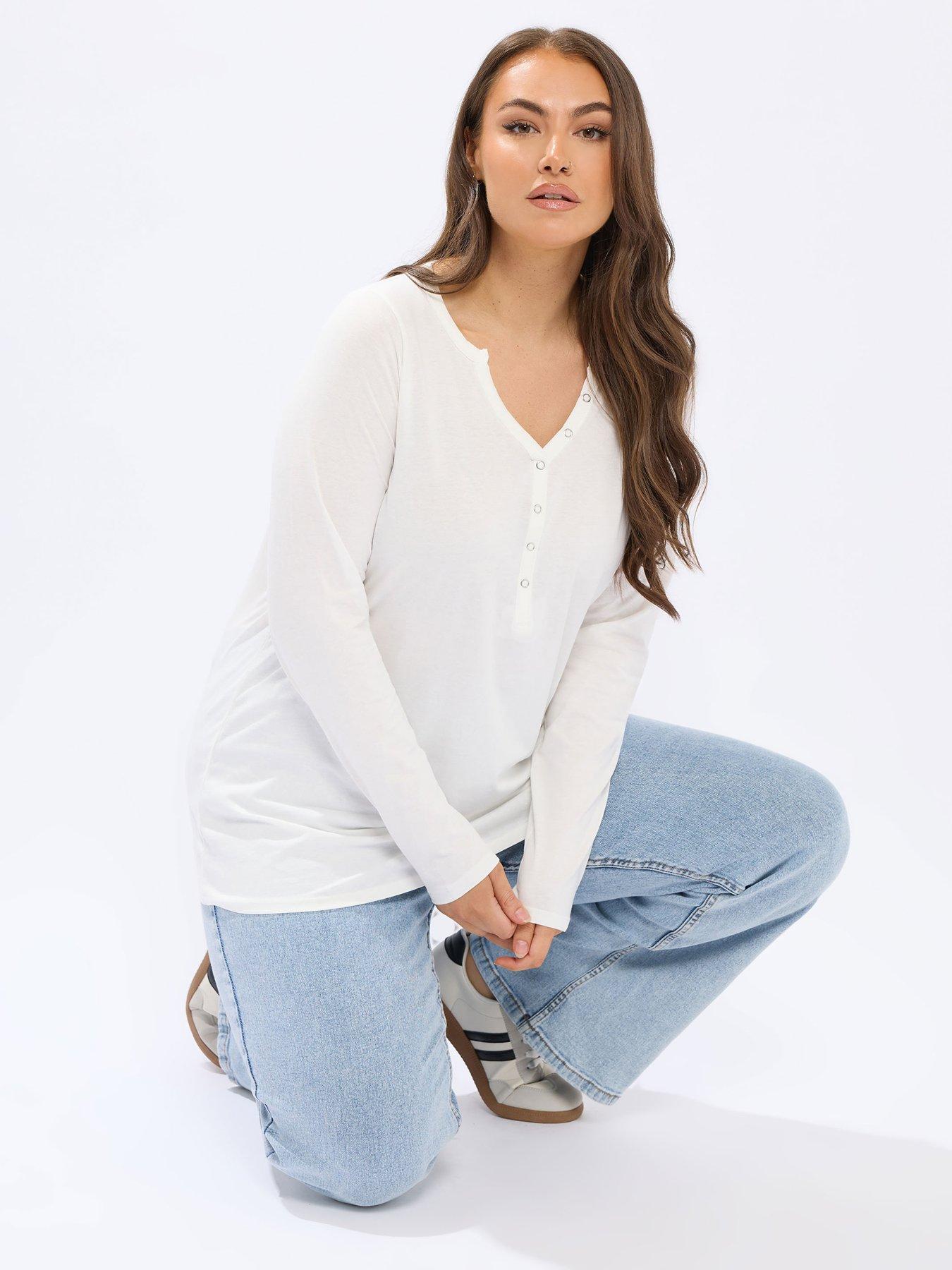 Yours Curve Open Neckline Henley Top - Ivory