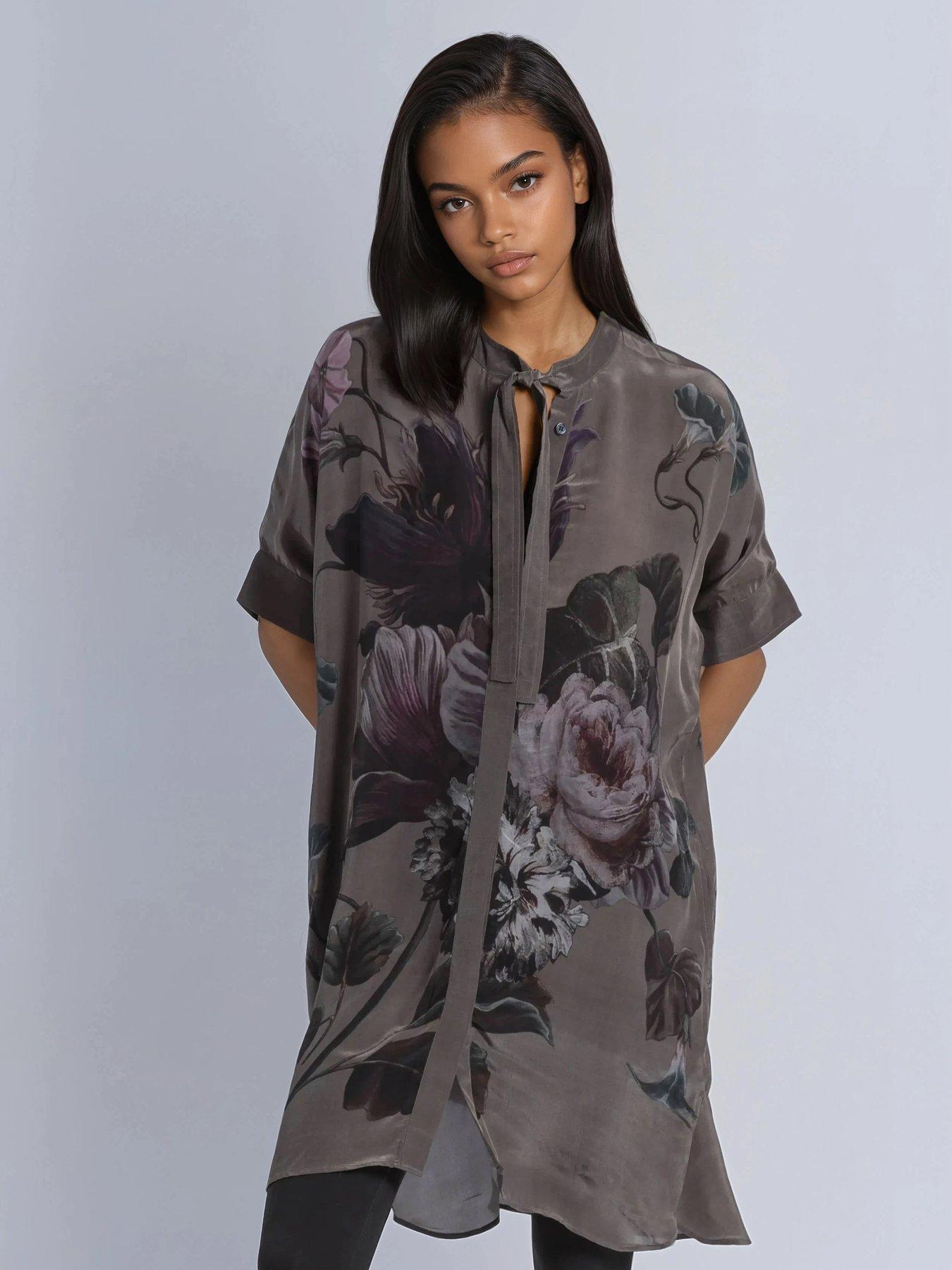 Religion Diana Tunic Dress With Neck Tie In Dark Floral Placement Print - Brown
