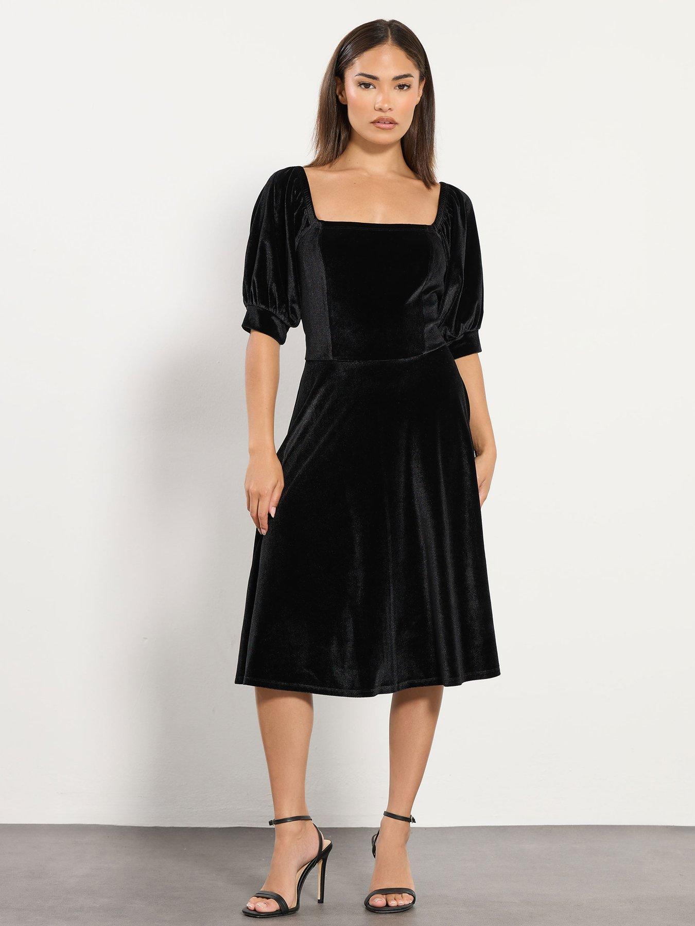 PixieGirl Petite Velour Fit And Flare Dress - Black
