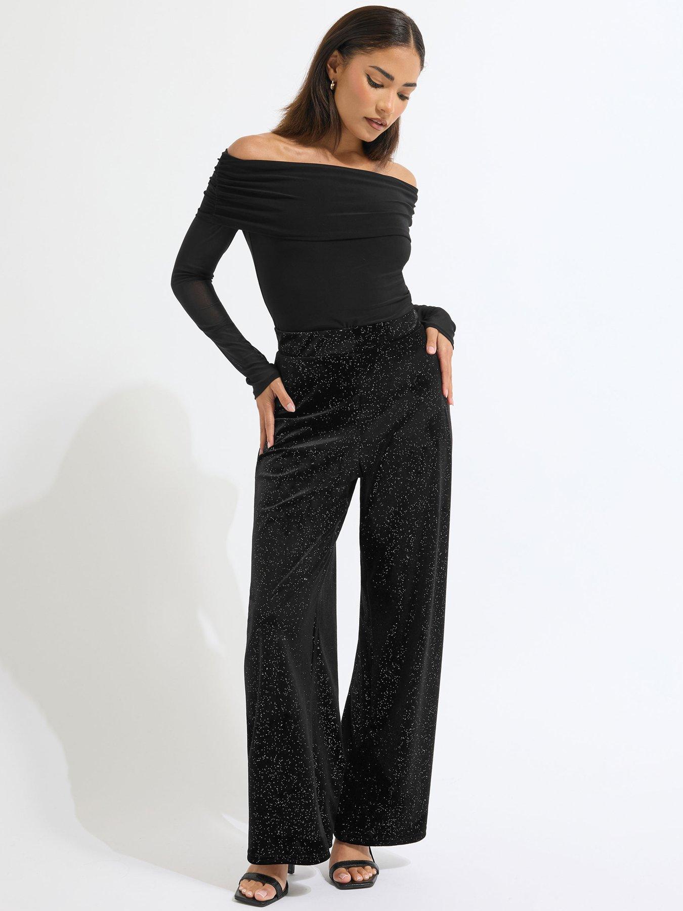 PixieGirl Petite Glitter Velour Wide Leg Trouser - Black
