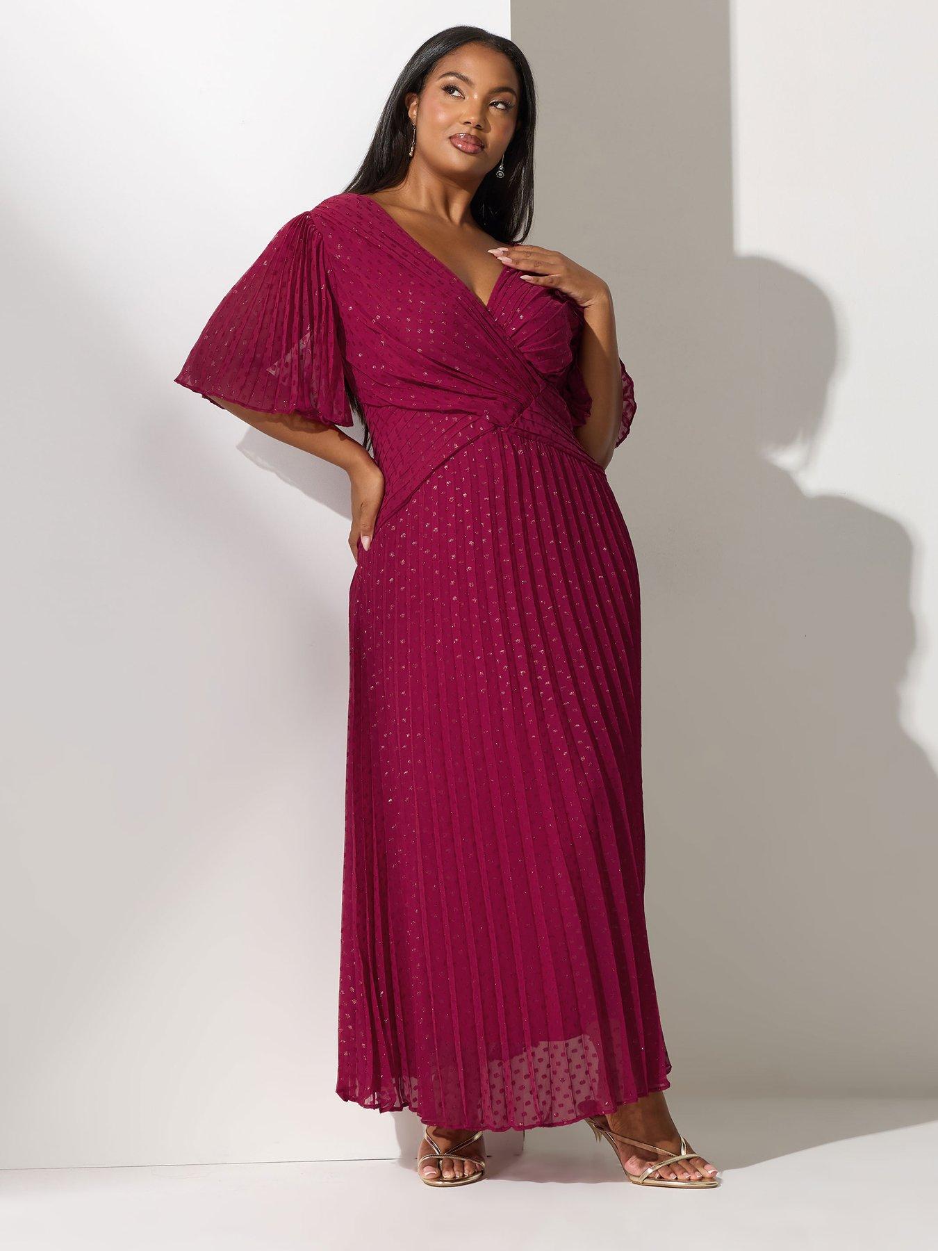 Yours Curve Metallic Pleated Wrap Dress - Red