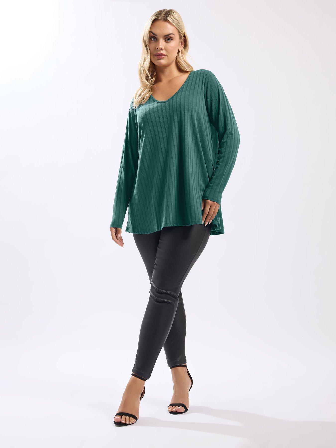 Image 3 of 4 of Yours Curve Long Sleeve Ribbed Swing T-Shirt - Blue